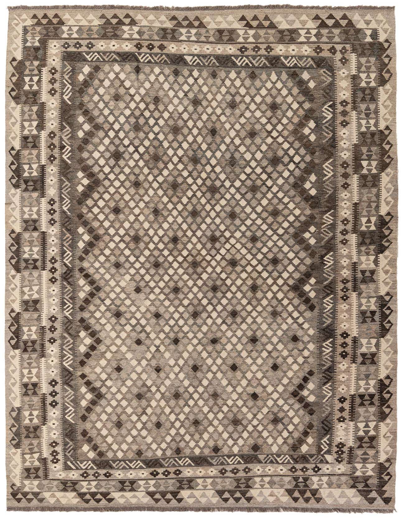 A 7x10 rectangular flatweave Kilim Maymana rug featuring a tribal diamond pattern in various shades of gray and silver.