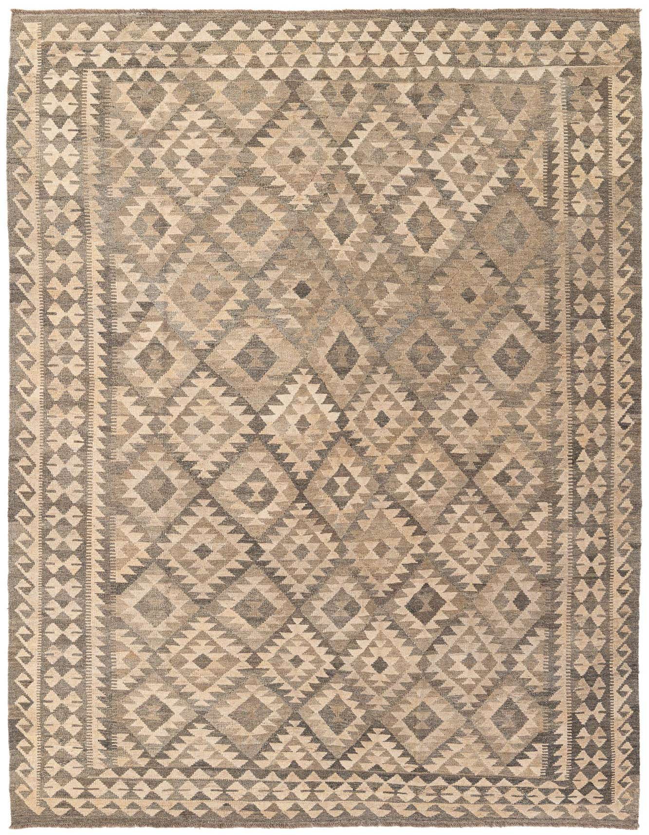 A 7x10 rectangular flatweave rug with a tribal geometric pattern in varying shades of gray and silver.