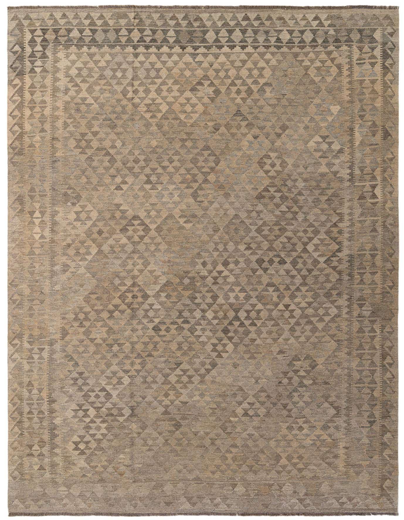 A 7x10 rectangular flatweave Kilim Maymana rug featuring a tribal geometric pattern in varying shades of gray and silver.