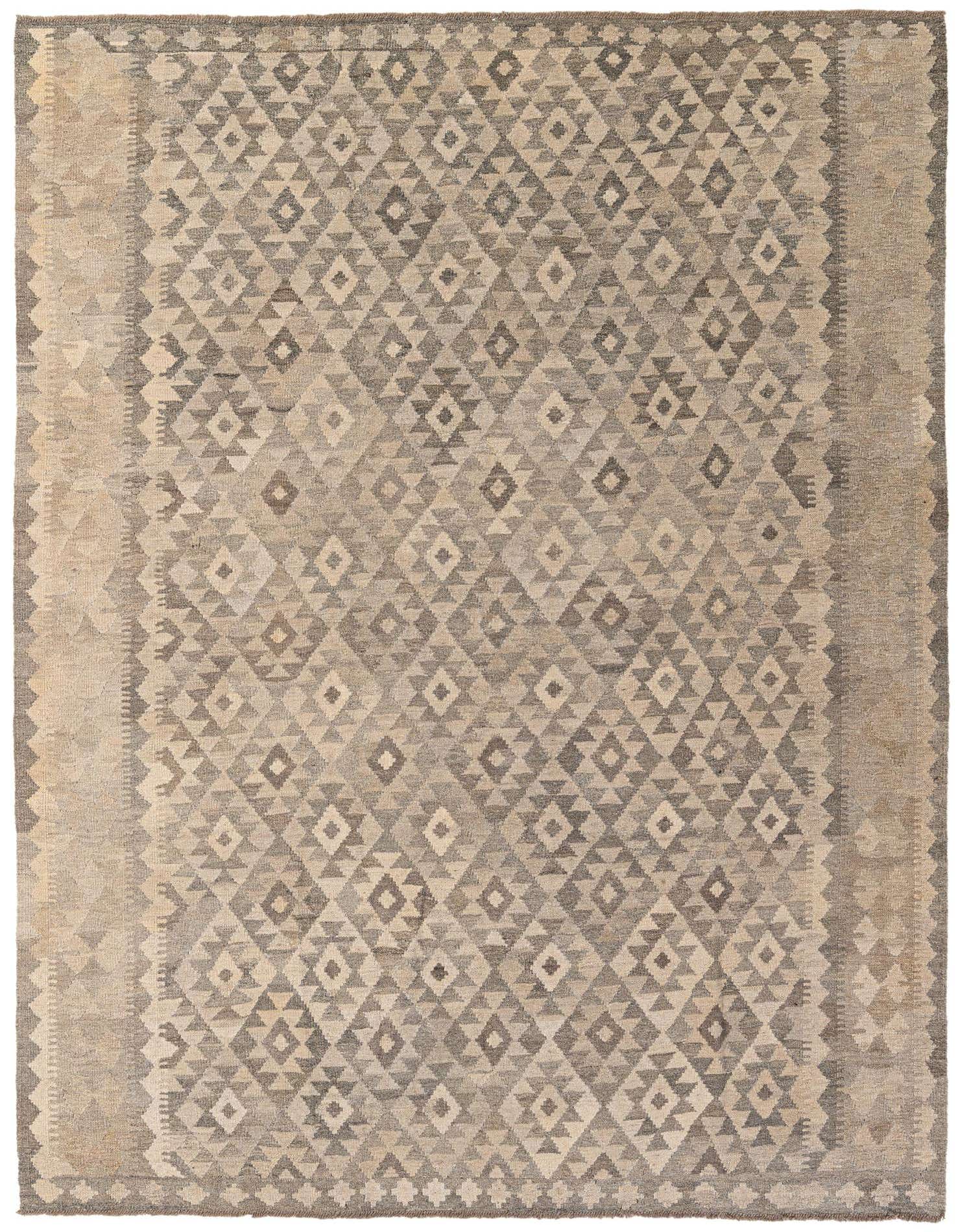 A 7x10 rectangular Kilim Maymana wool rug featuring a flatweave tribal pattern in various shades of gray and silver.