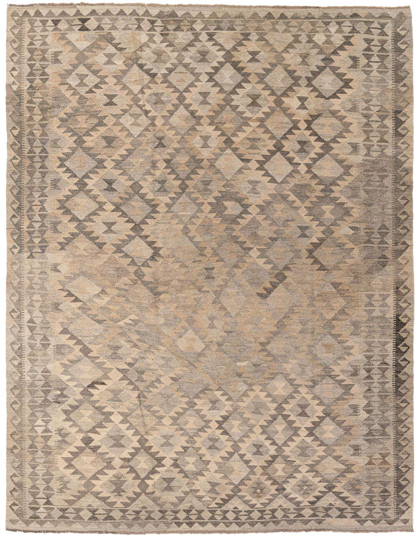 A 7x10 rectangular flatweave rug with a tribal geometric pattern in shades of gray and beige, suitable for a living room.