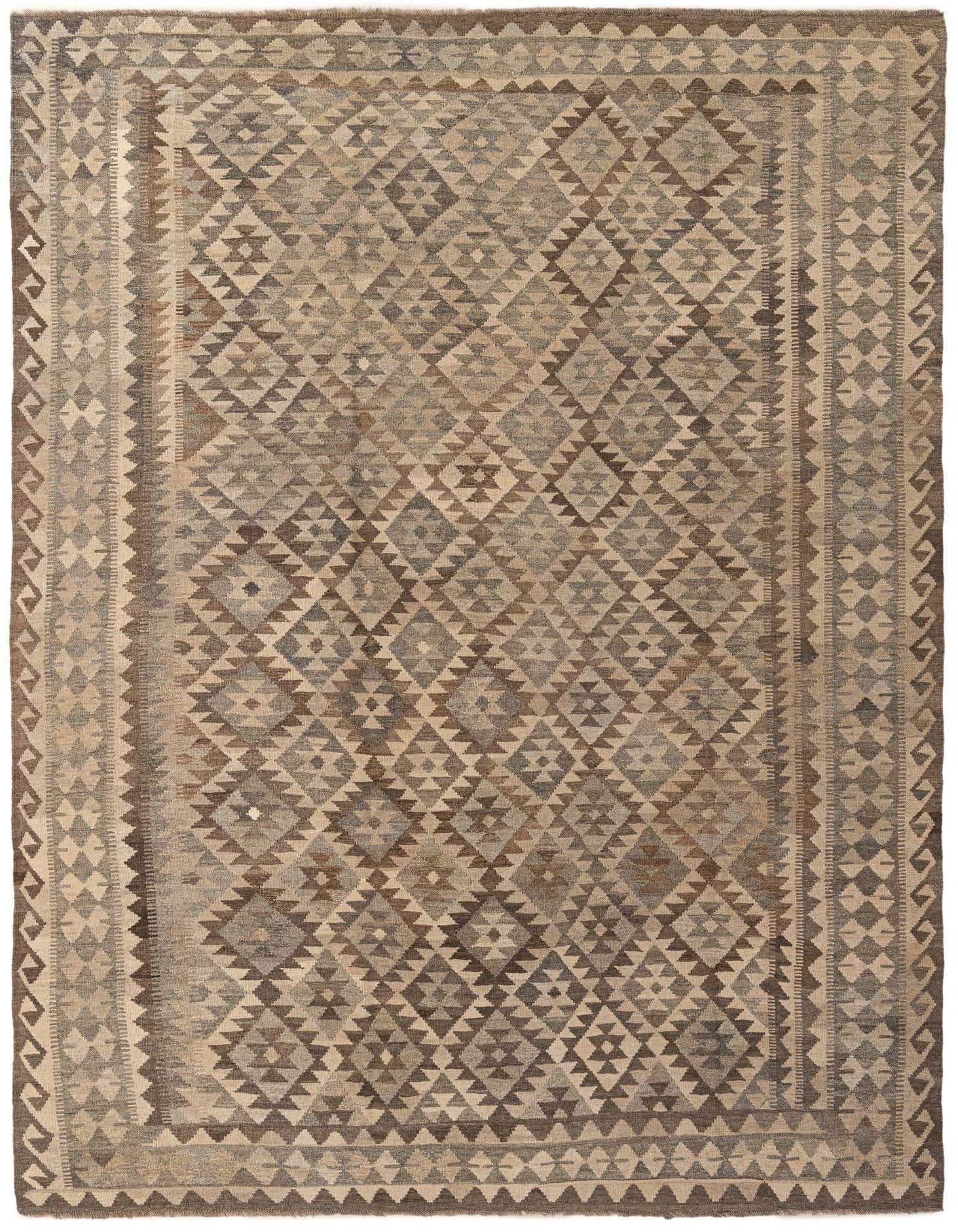A 7x10 rectangular flatweave Kilim Maymana rug featuring a tribal geometric diamond pattern in shades of gray and silver.
