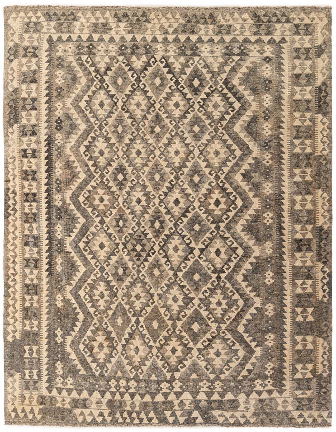A 7x10 rectangular Kilim Maymana rug featuring a tribal geometric pattern in various shades of gray and silver.