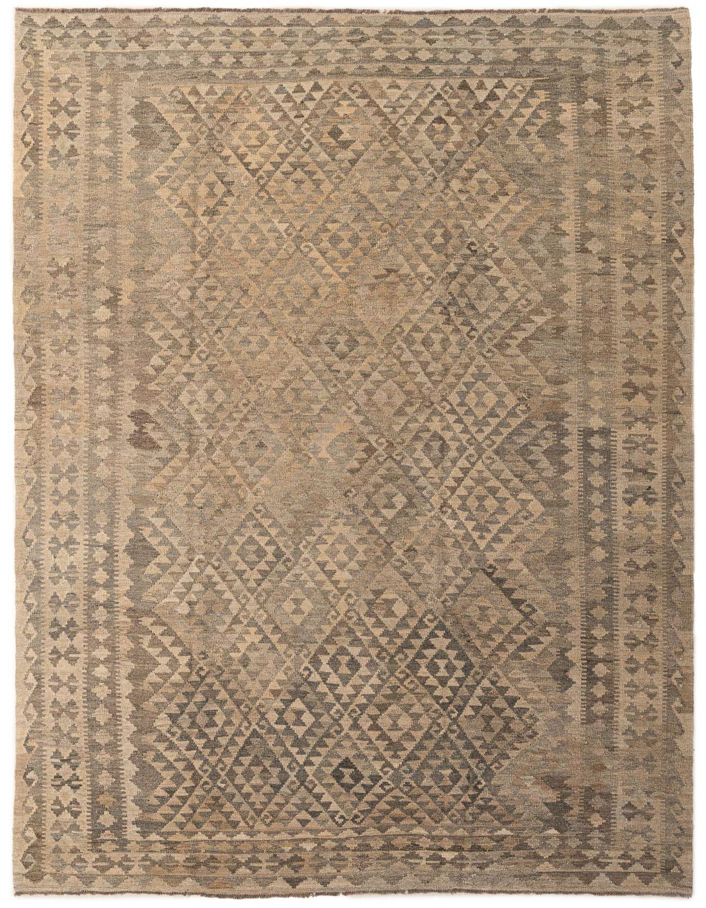 A 7x10 rectangular Kilim Maymana rug featuring a tribal geometric pattern in shades of gray and silver, handmade from wool.
