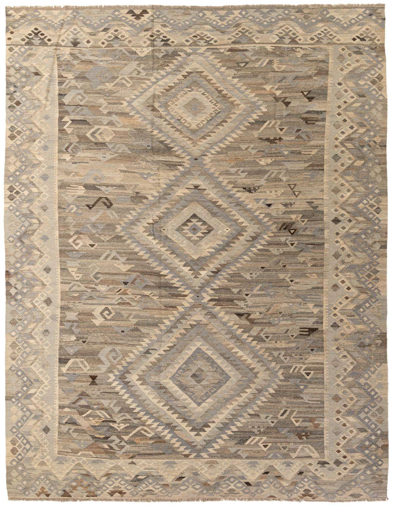 A large 8x12 rectangular Kilim Maymana rug featuring tribal and oriental patterns in various shades of gray and silver, with a flatweave texture.