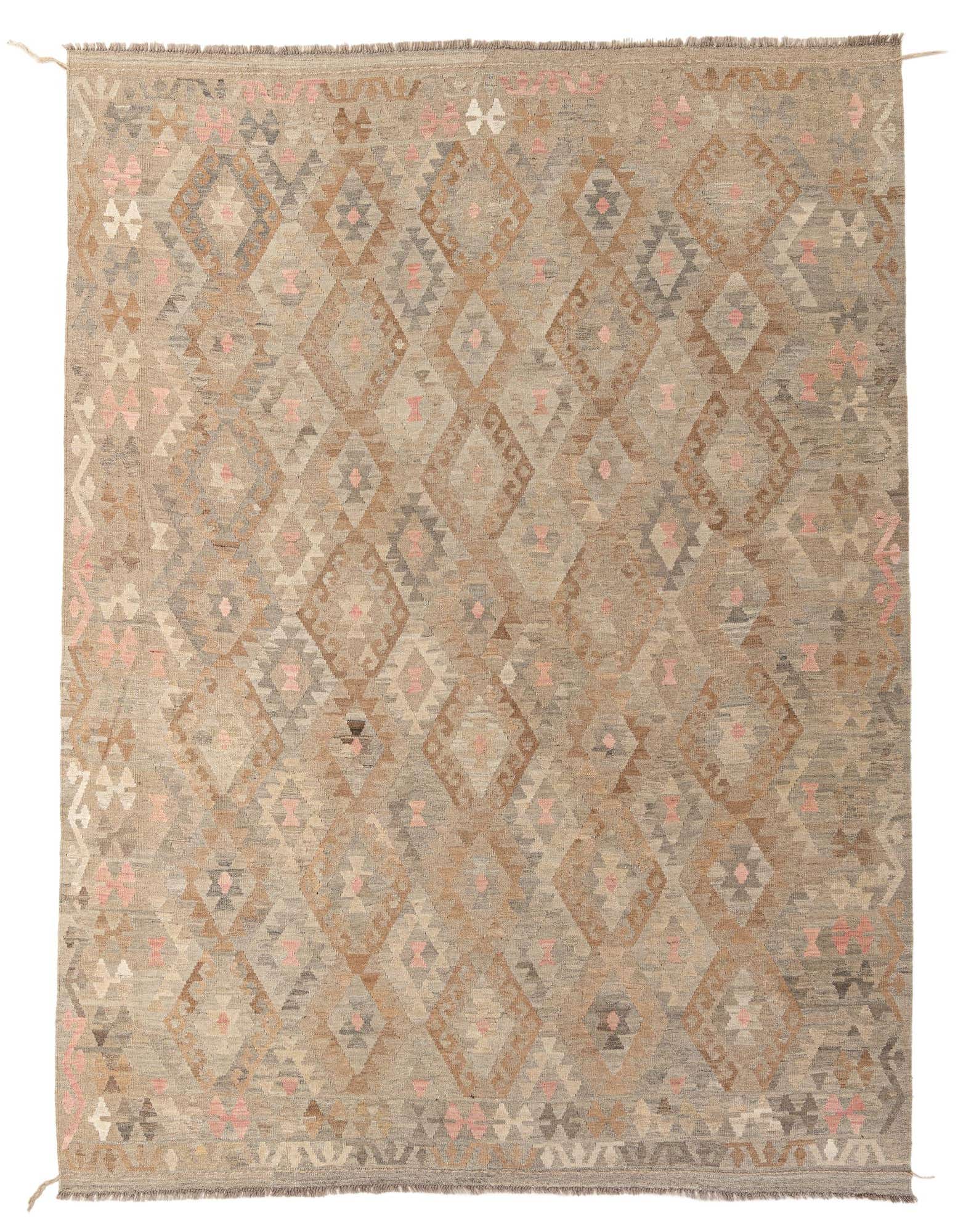 An 8x10 rectangular flatweave rug with a tribal diamond pattern in shades of gray, silver, brown, and subtle pink.