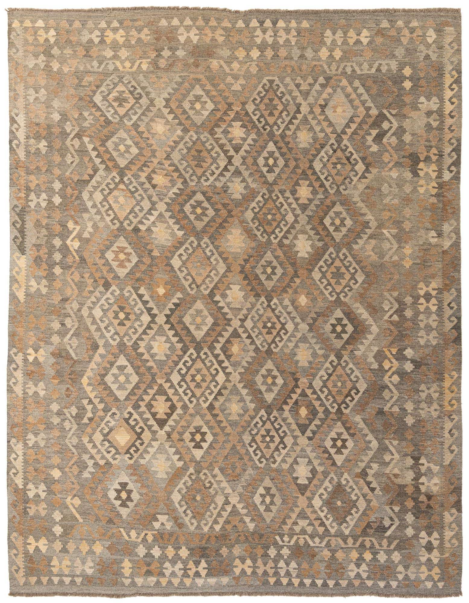 A rectangular 8x11 gray flatweave rug with a repeating tribal diamond pattern in various shades of gray, silver, and beige.