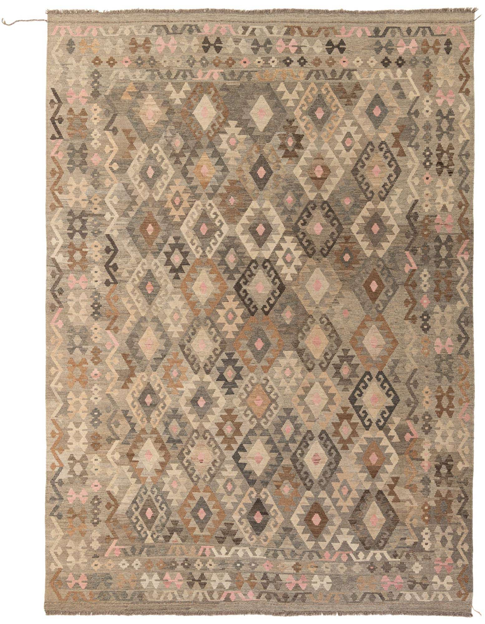 A large 8x11 rectangular Kilim Maymana rug featuring a tribal diamond pattern in shades of gray, brown, and pink.