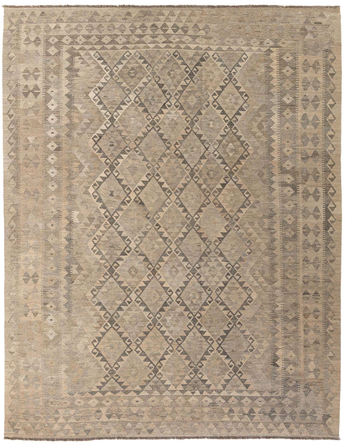 An 8x11 rectangular Kilim Maymana wool rug featuring a tribal diamond pattern in various shades of gray.