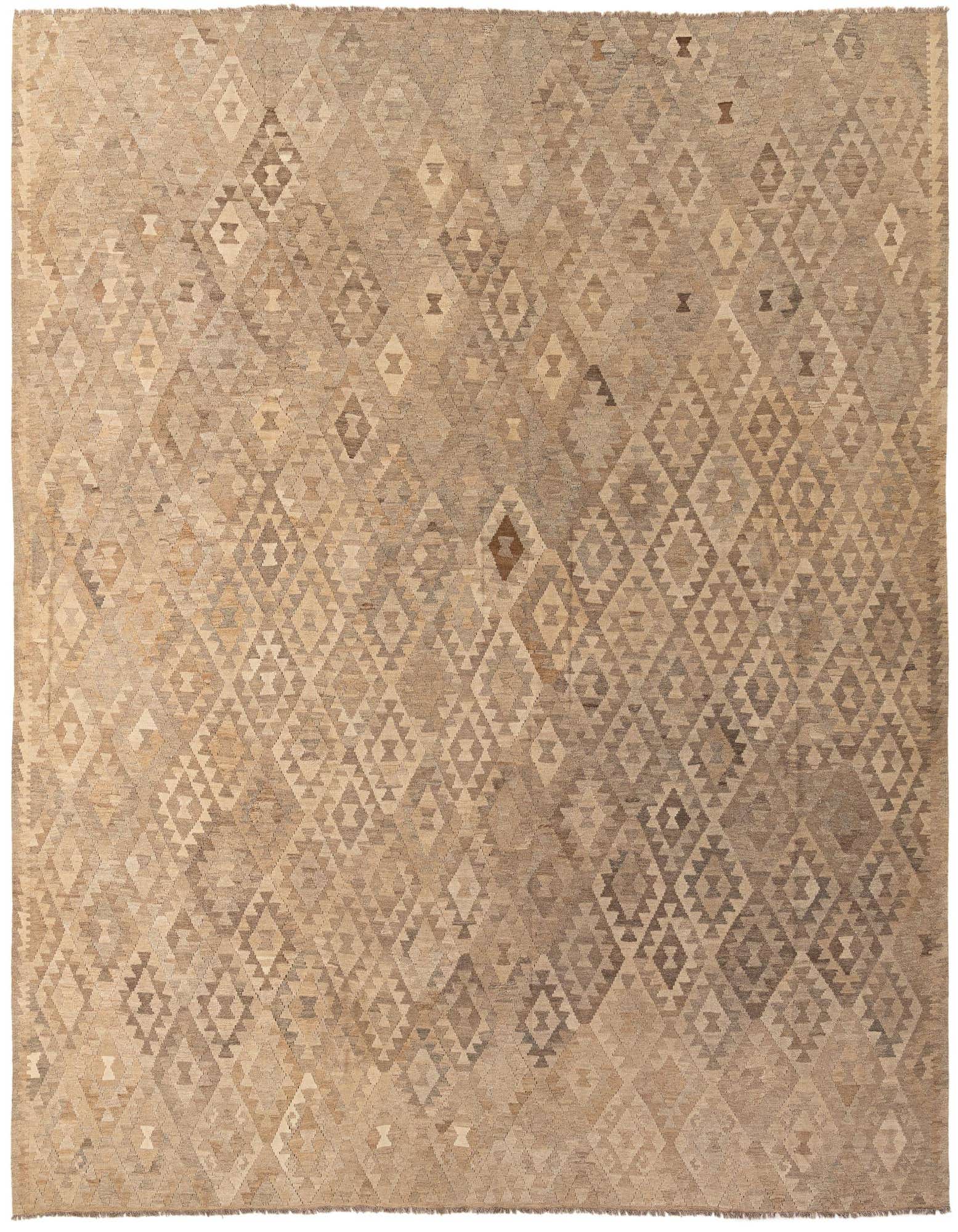 A 10x12 rectangular gray flatweave wool rug with a tribal geometric diamond pattern, suitable for indoor spaces.