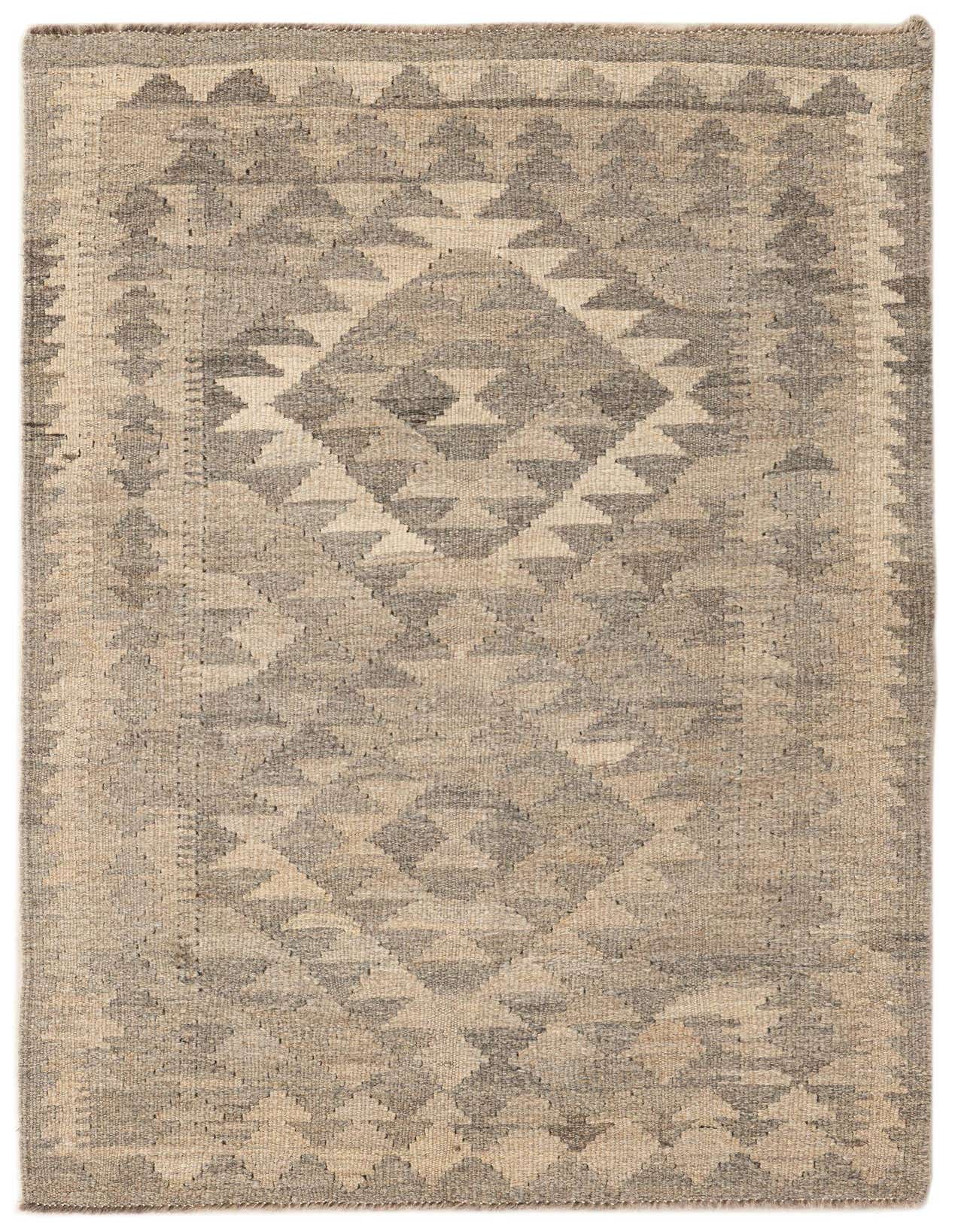 A 3x4 rectangular gray and silver tribal flatweave wool rug with a geometric diamond pattern.