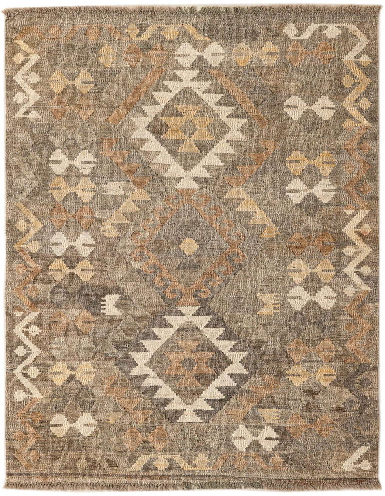 A 3x5 rectangular Kilim Maymana rug with a tribal geometric pattern in shades of gray, silver, cream, and tan.