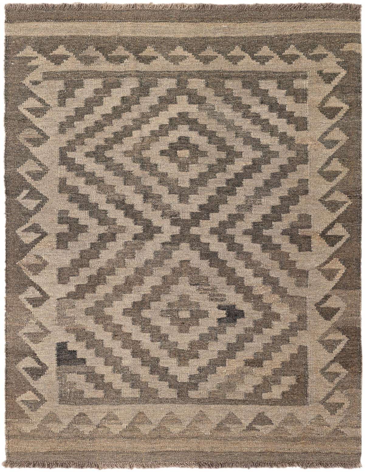 A 3x5 rectangular Kilim Maymana rug featuring a tribal geometric pattern in varying shades of gray, suitable for an entryway.