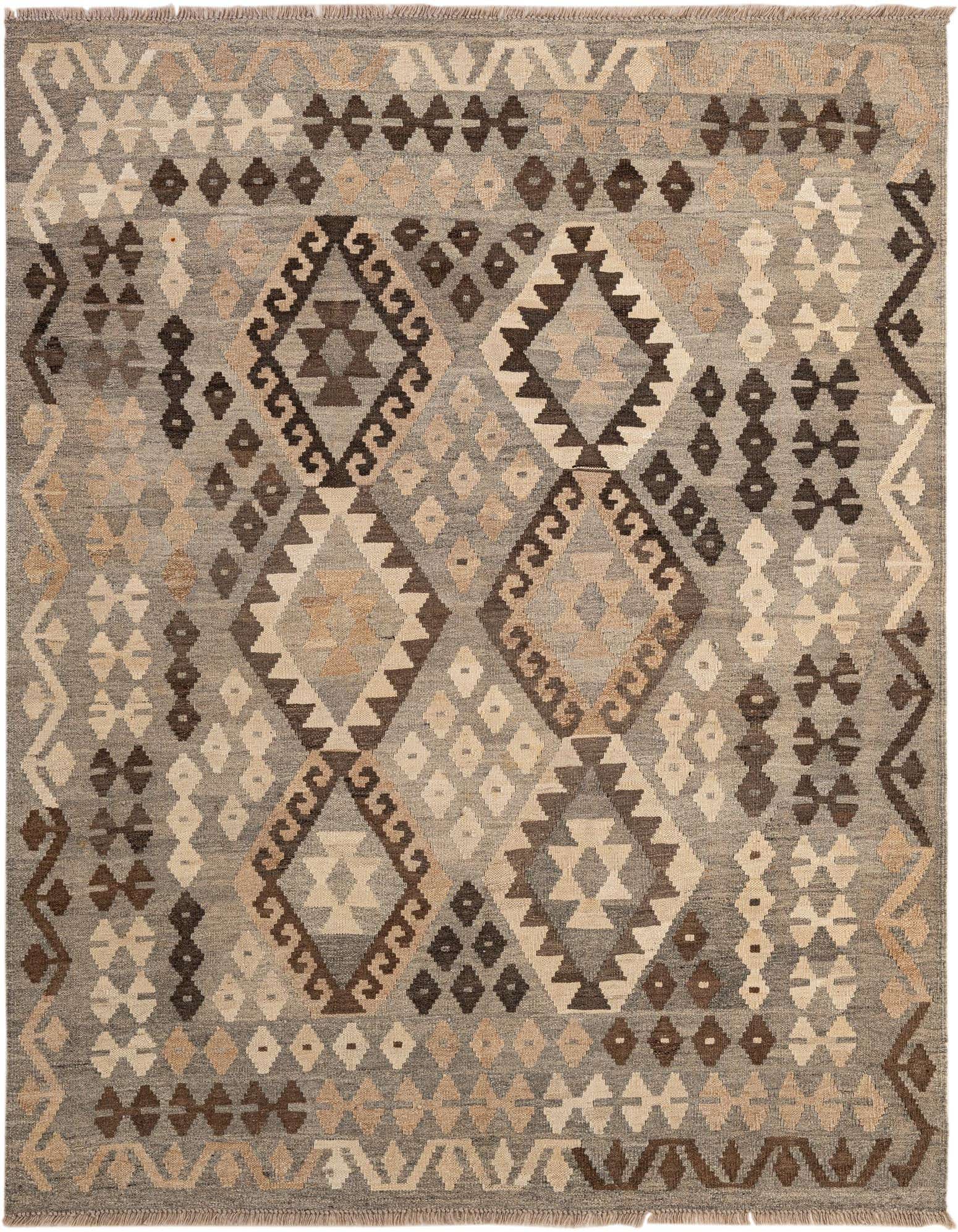 A 5x7 rectangular Kilim Maymana rug featuring a tribal geometric pattern in shades of gray, silver, and brown, handmade from wool.
