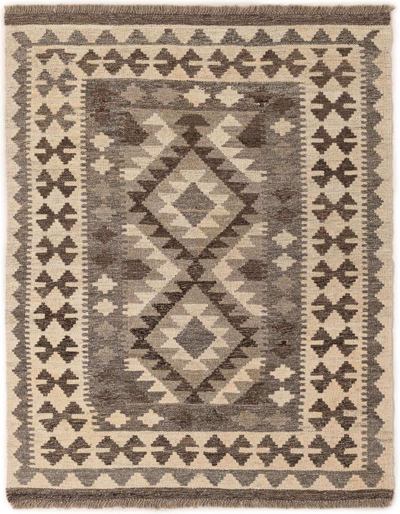 A 3x5 rectangular Kilim Maymana rug with tribal geometric patterns in shades of gray and silver, handmade from wool.