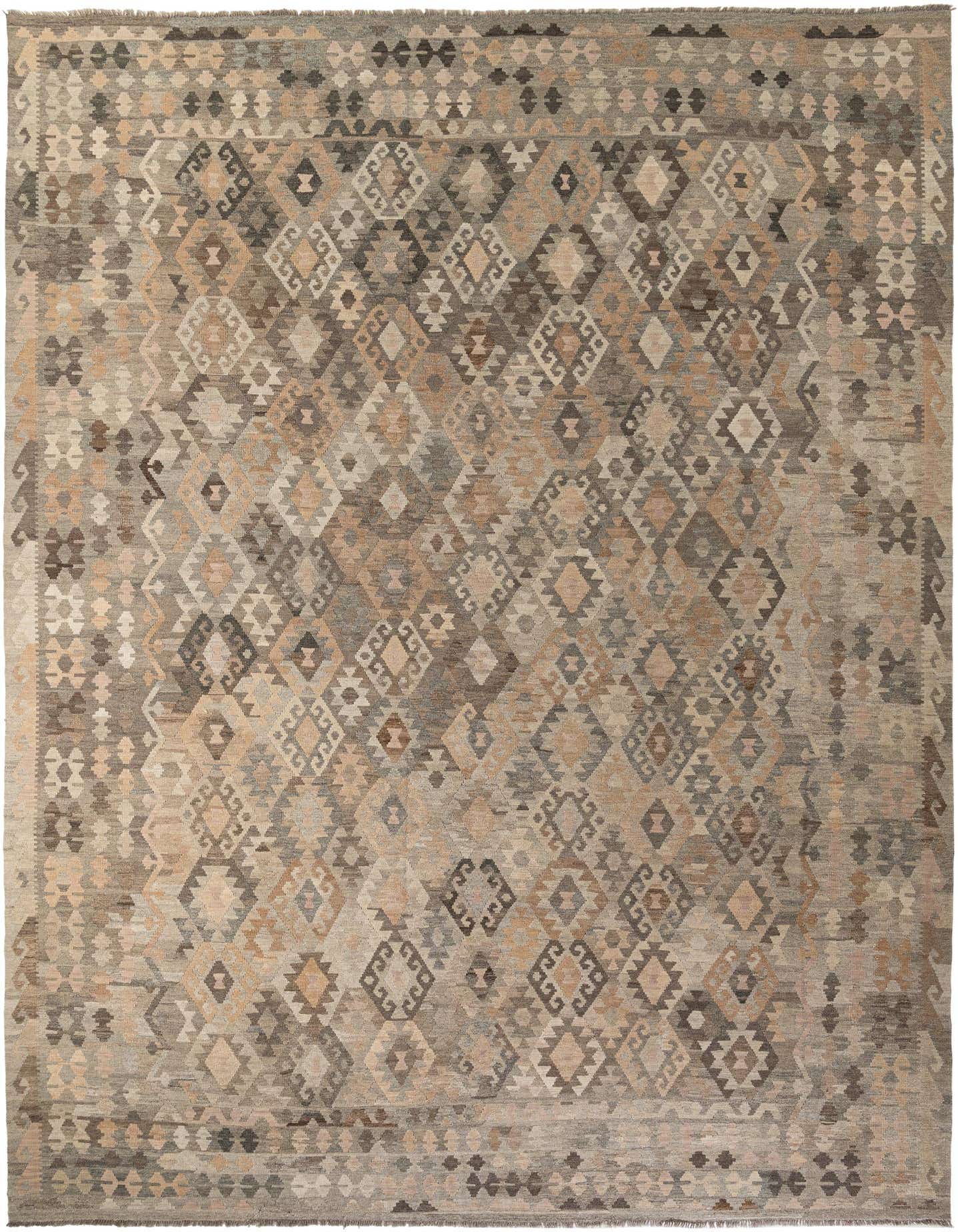 A large 12x16 rectangular Kilim Maymana rug featuring a tribal geometric pattern in various shades of gray, silver, and beige.