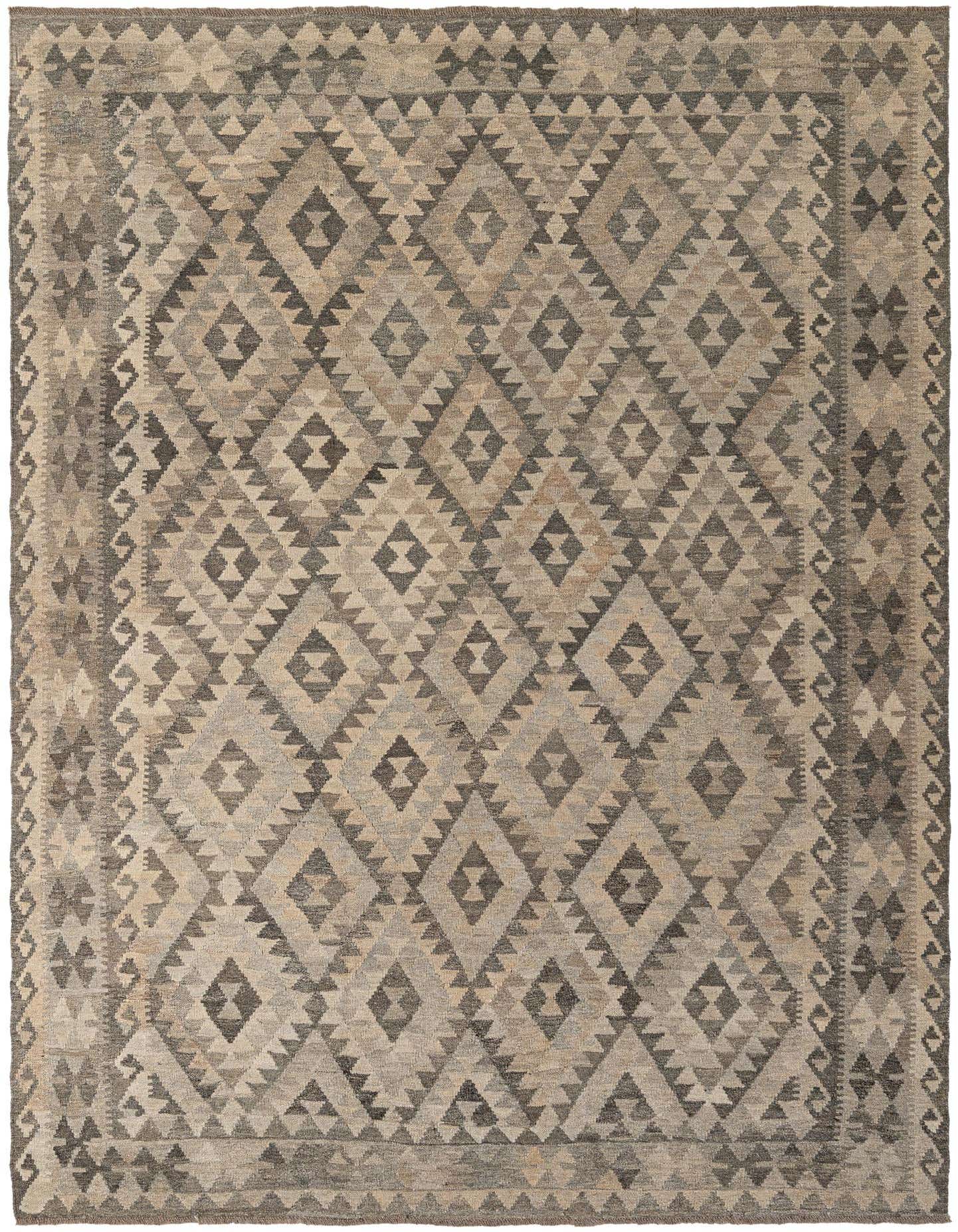 A 7x10 rectangular Kilim Maymana rug featuring a tribal geometric diamond pattern in varying shades of gray and silver.