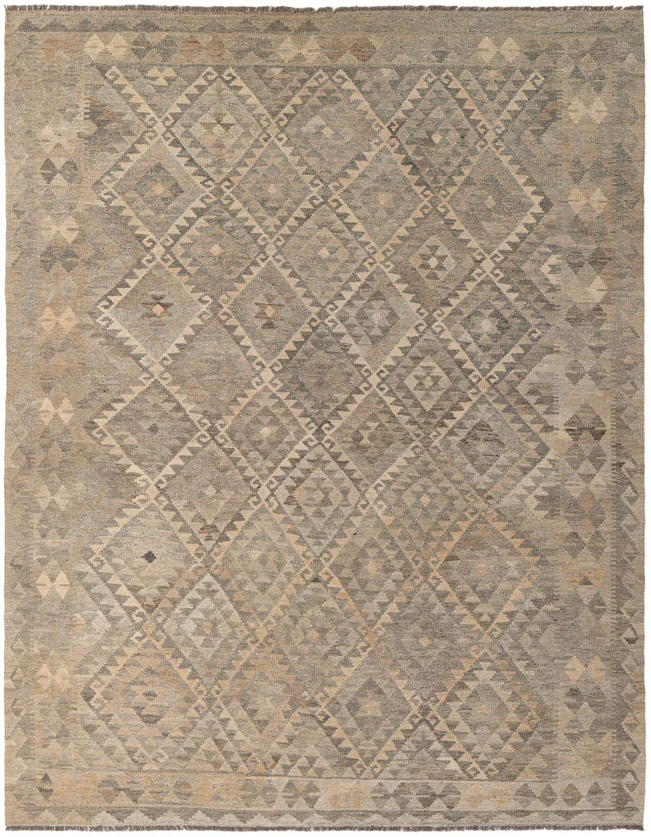 A 7x10 rectangular flatweave rug featuring a gray and silver tribal diamond pattern, ideal for a living room.