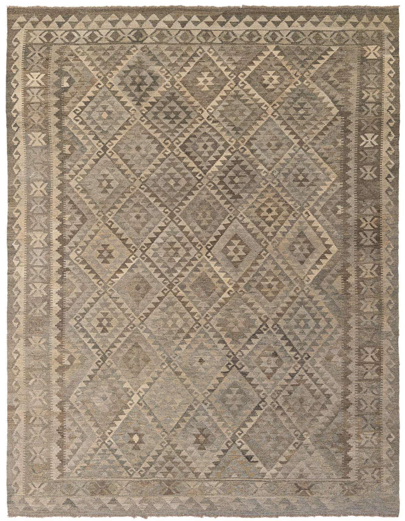 A 7x10 rectangular Kilim Maymana rug featuring a tribal diamond pattern in various shades of gray and silver.
