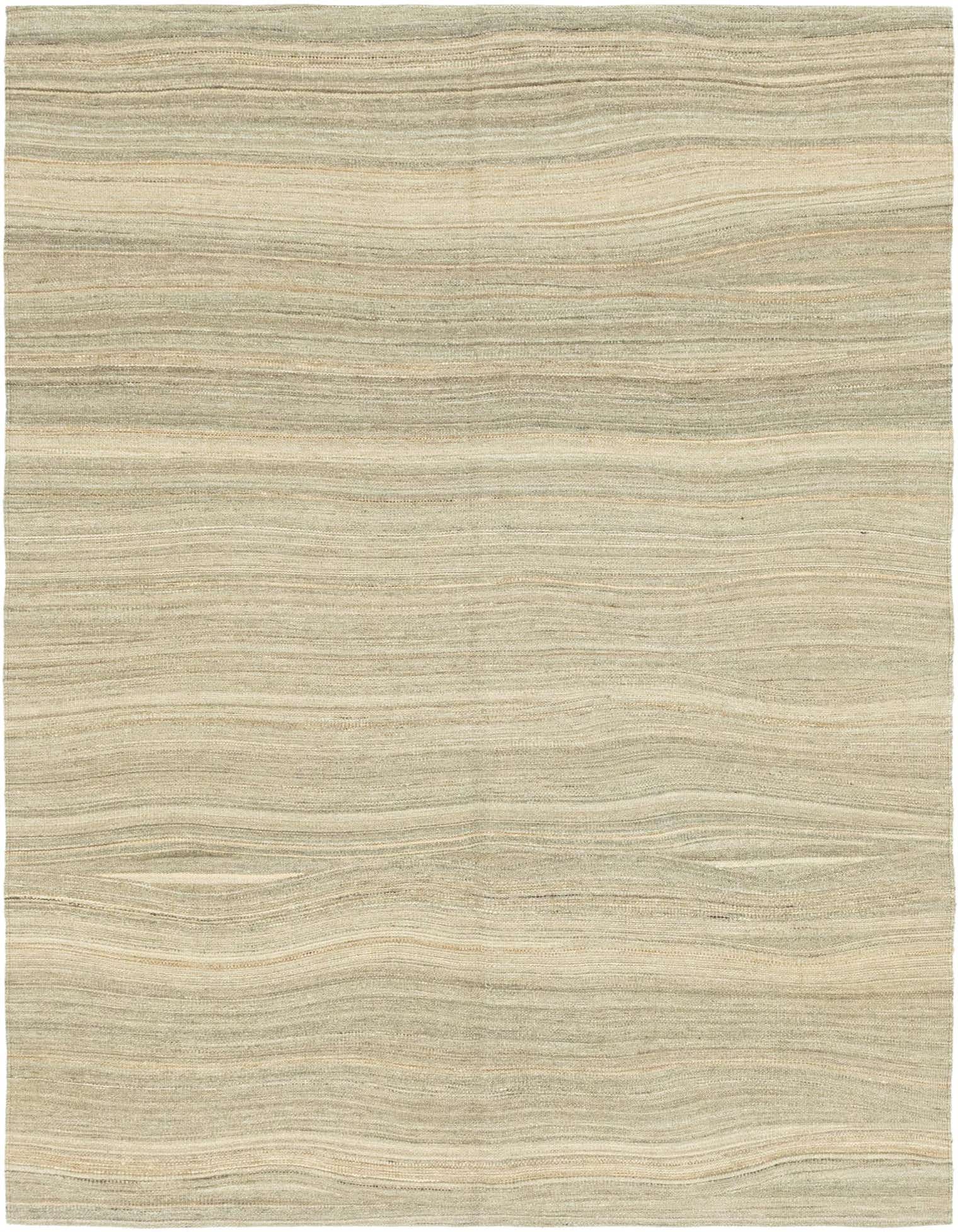 A 6x9 rectangular flatweave rug in varying shades of gray, silver, and beige, featuring subtle horizontal stripes.