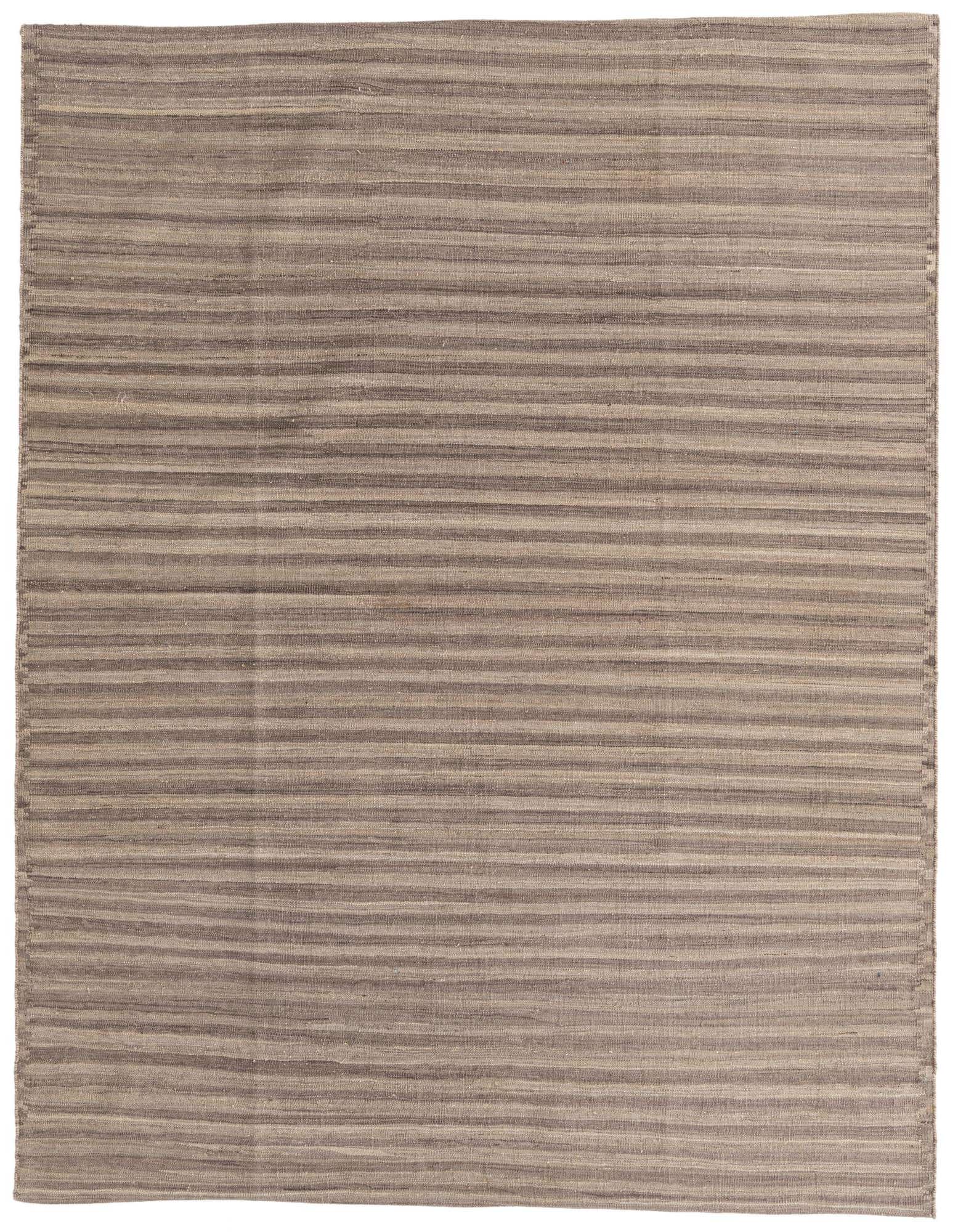 A 6x9 rectangular gray flatweave wool rug with horizontal stripes in varying shades of gray.
