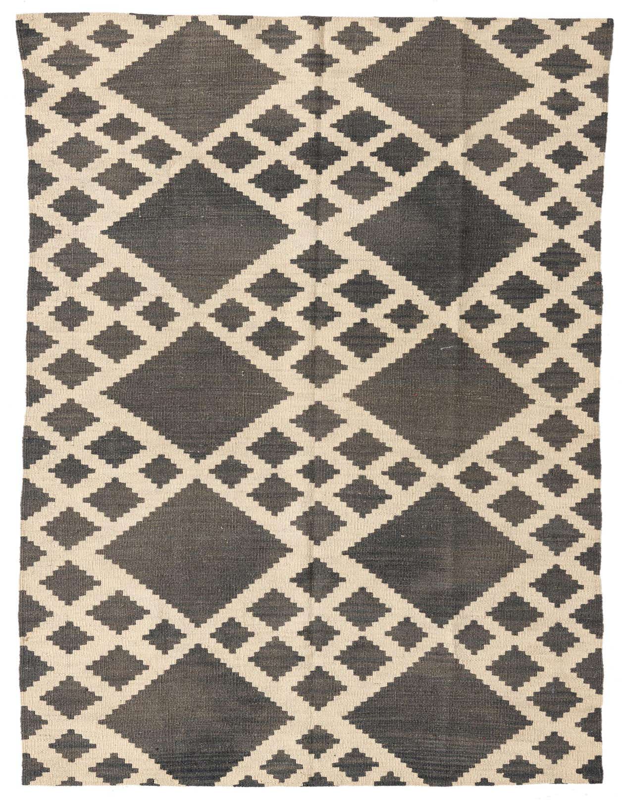 A 4x6 rectangular gray and off-white tribal flatweave rug with a repeating diamond pattern, suitable for a living room.