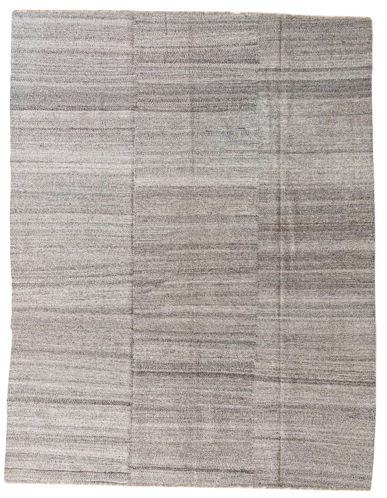 A 9x12 rectangular gray flatweave wool rug with subtle horizontal stripes and a modern tribal pattern.