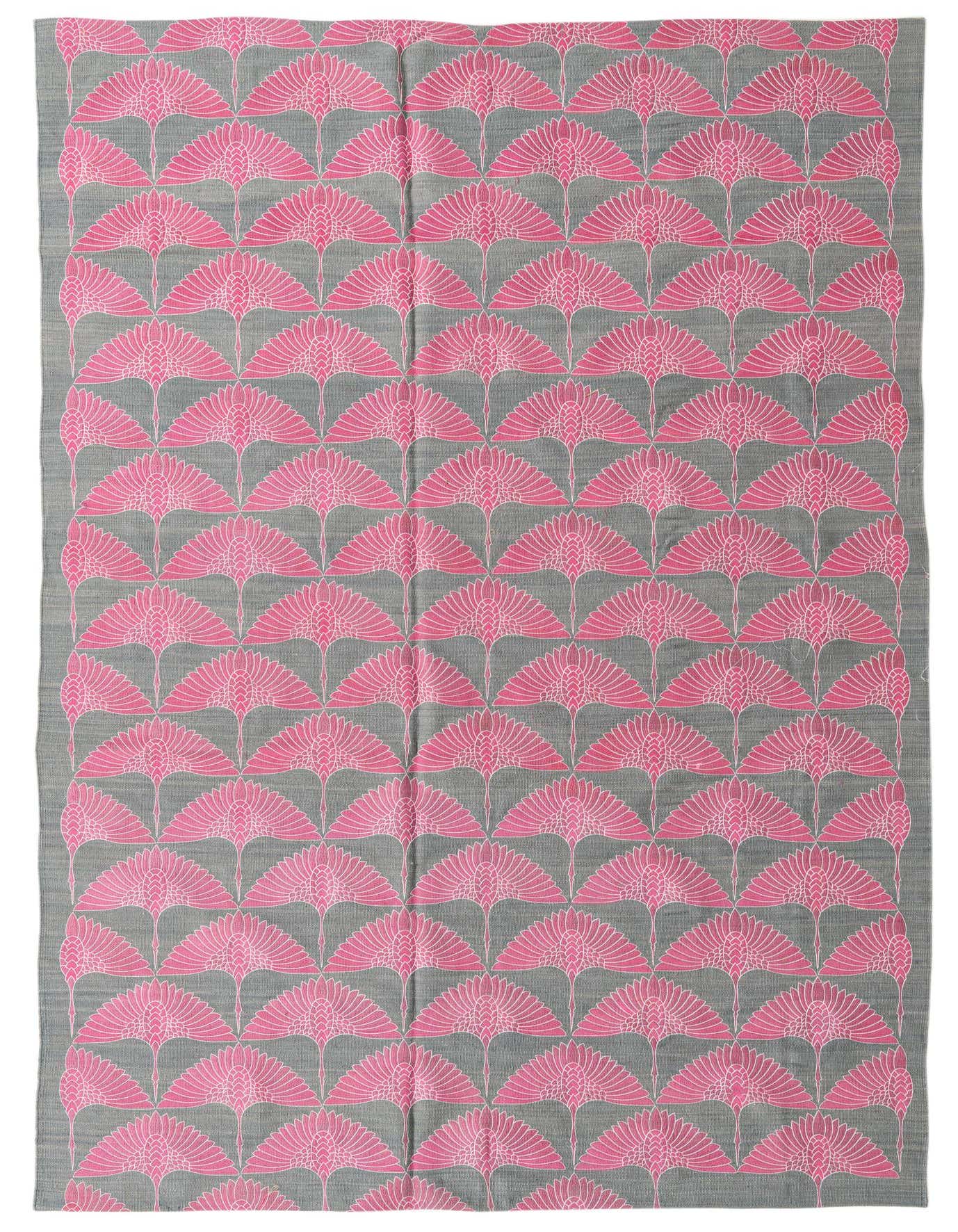 A 6x9 rectangular Kilim Modern rug with a gray background and repeating pink tribal fan patterns.