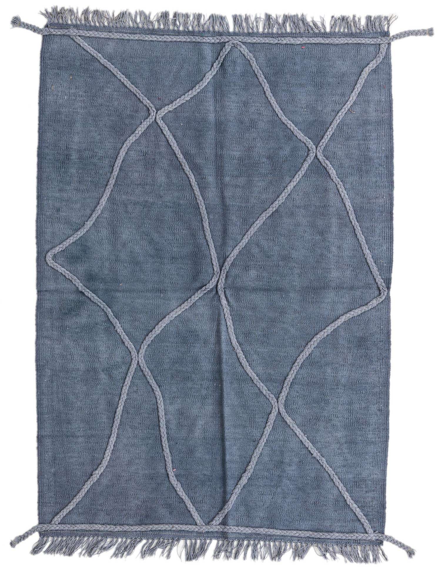 A 3x5 rectangular gray wool flatweave rug with a raised braided tribal diamond pattern and fringed ends.