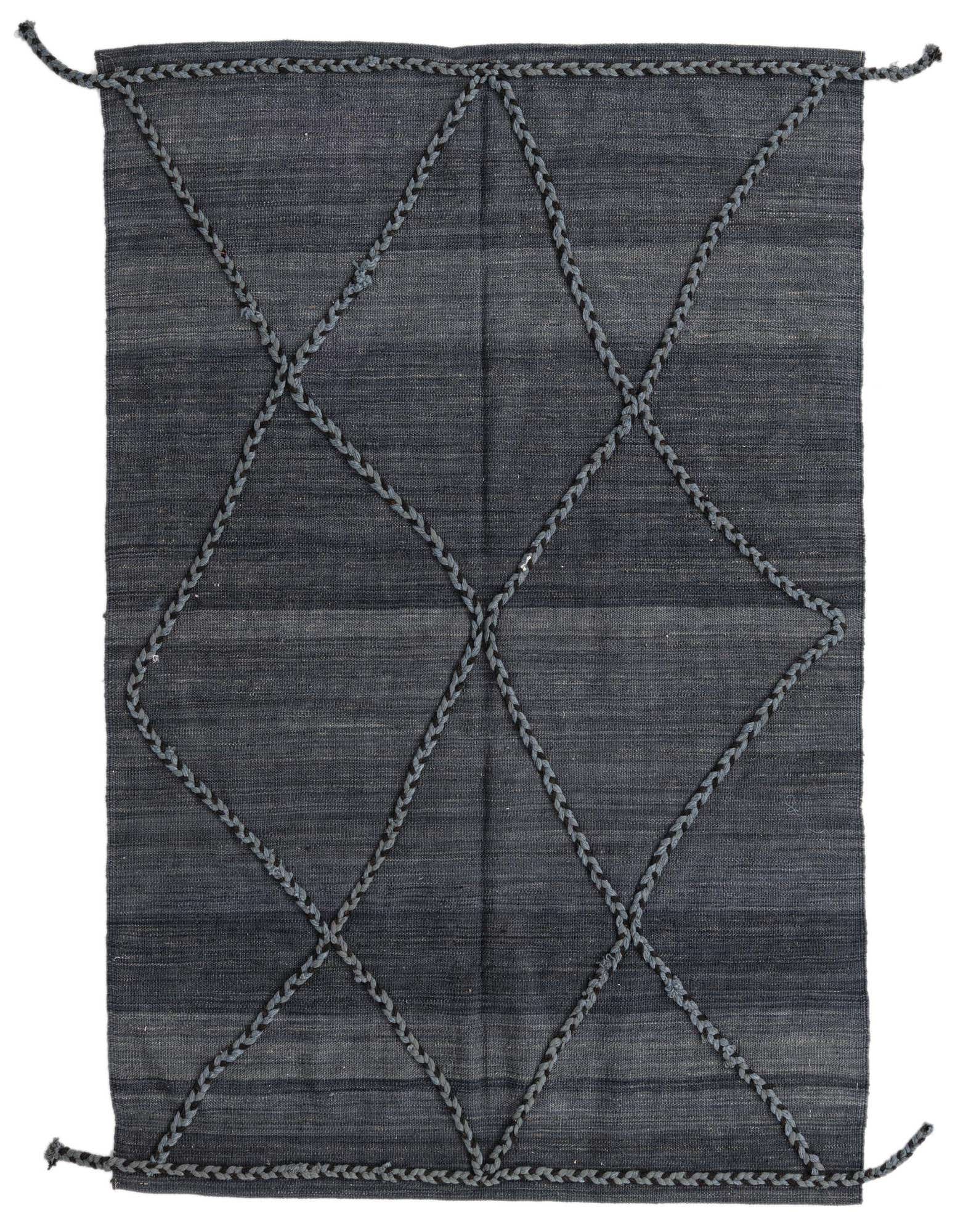 A 4x6 rectangular gray flatweave wool rug with a modern tribal diamond pattern made from braided texture.