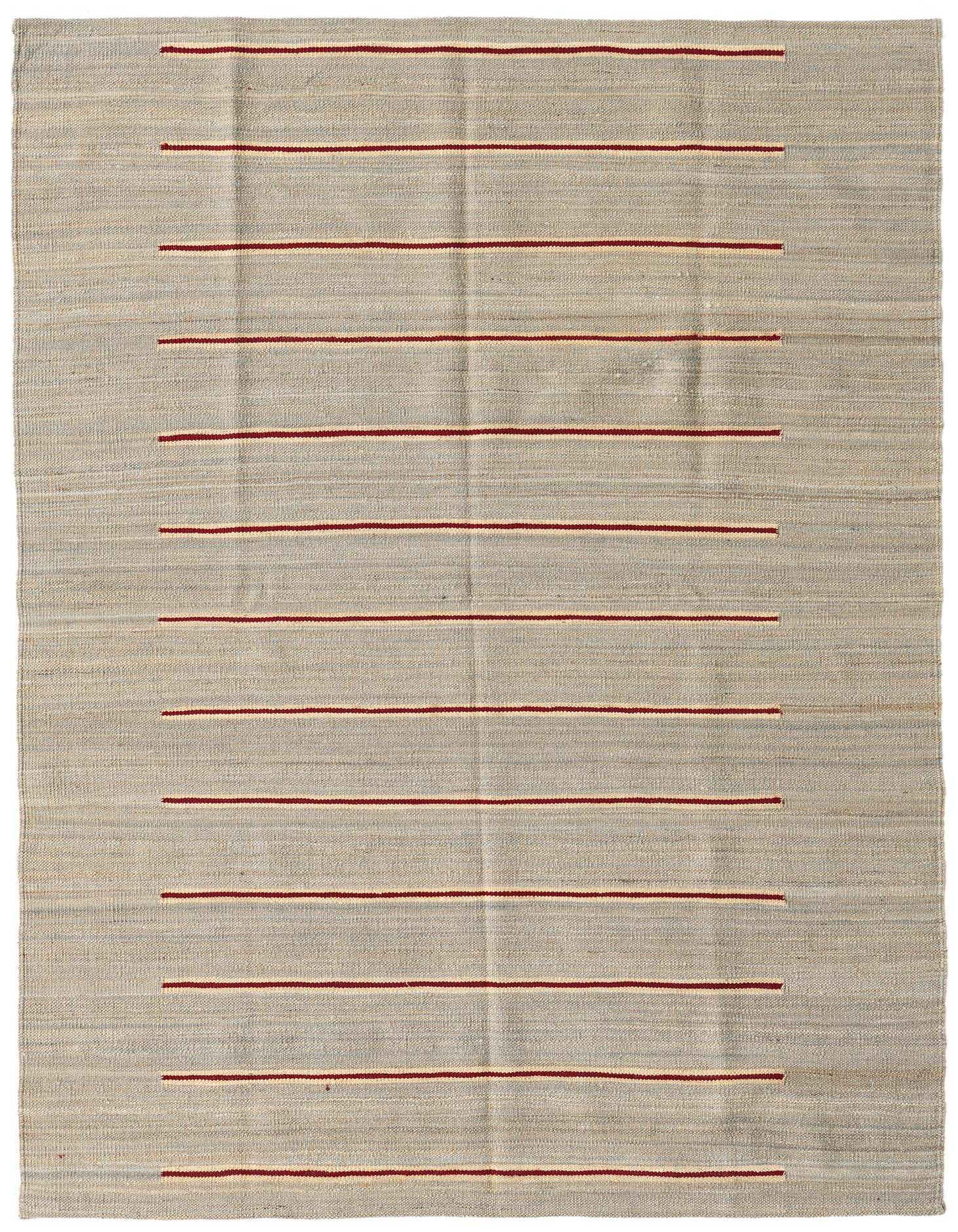 A 4x6 rectangular gray flatweave wool rug with horizontal red and cream stripes, perfect for a modern living room.