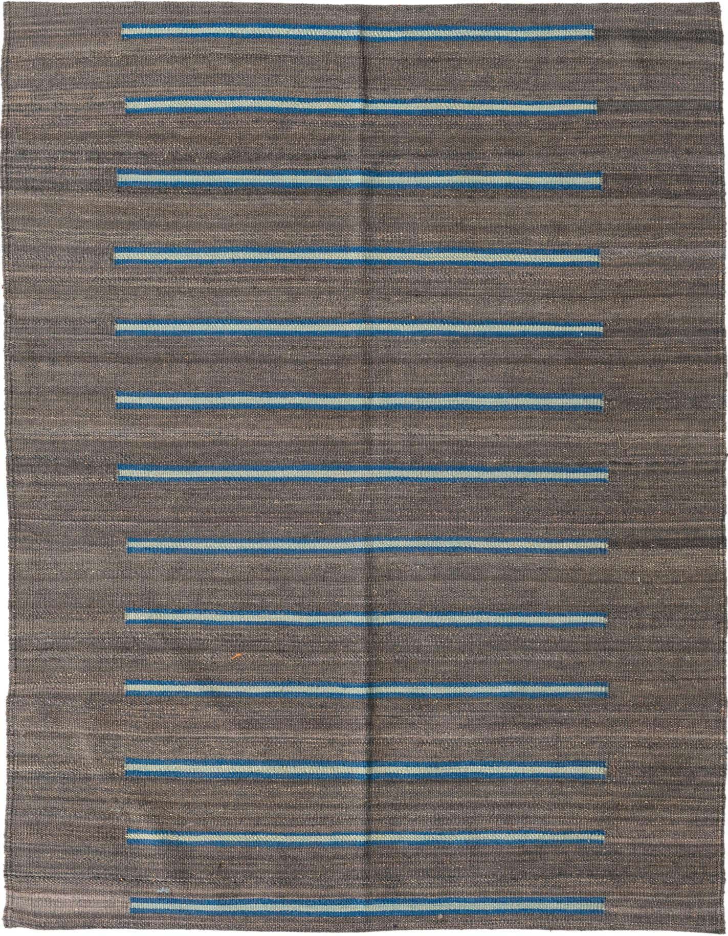 A 4x6 rectangular gray flatweave wool rug with horizontal blue and light blue stripes, ideal for a living room.