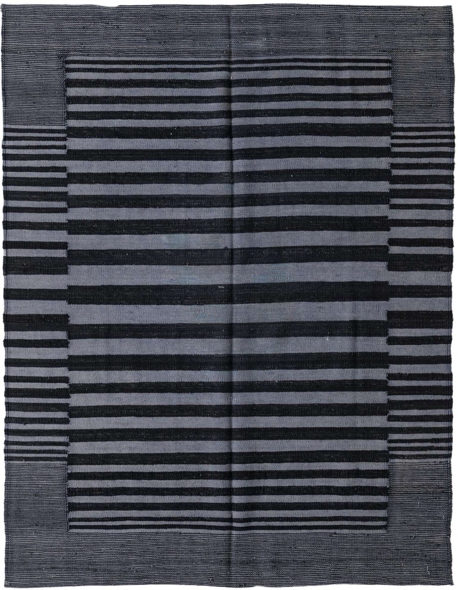 A 4x6 rectangular gray flatweave wool rug with a modern tribal striped pattern and a contrasting border.