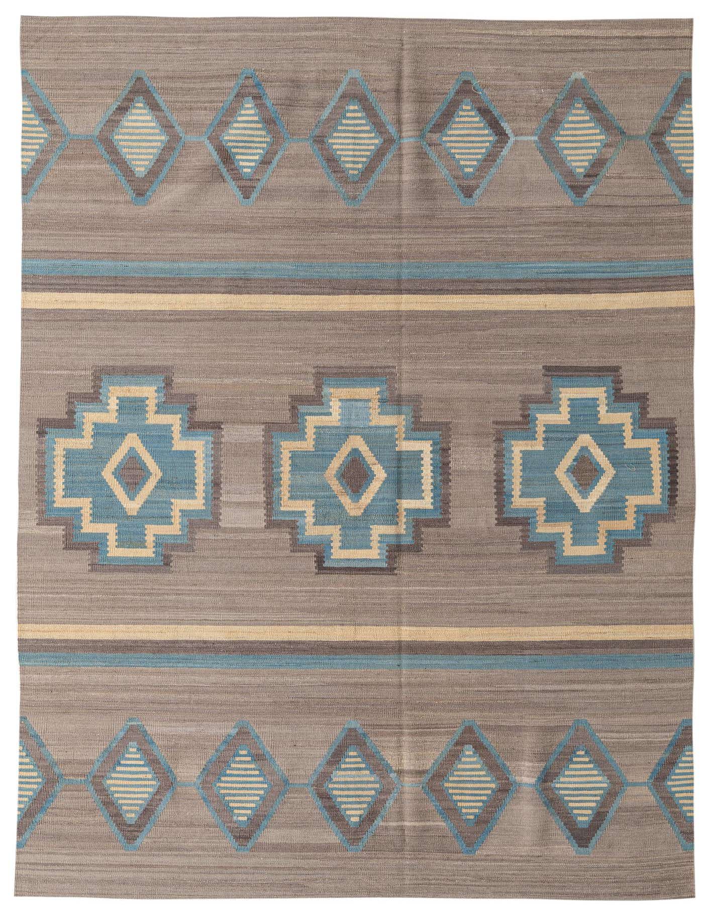 A 6x9 rectangular Kilim Modern wool rug featuring a flatweave tribal pattern in grays, blues, and beige.