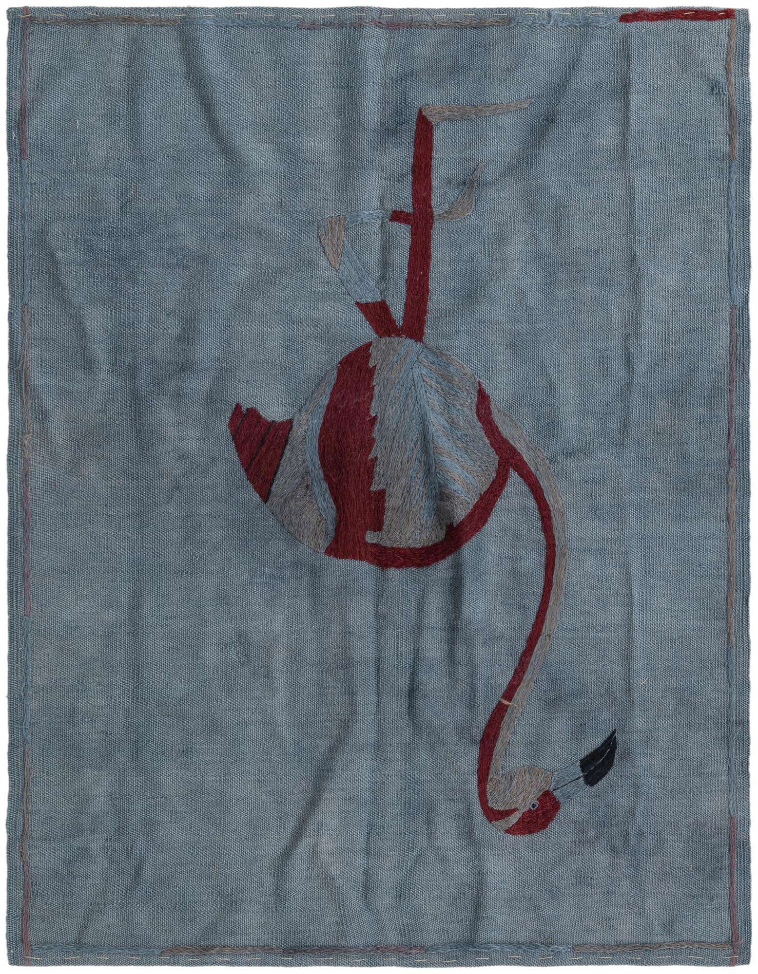 A 3x4 rectangular gray wool flatweave rug with a modern tribal flamingo design in red and light gray.