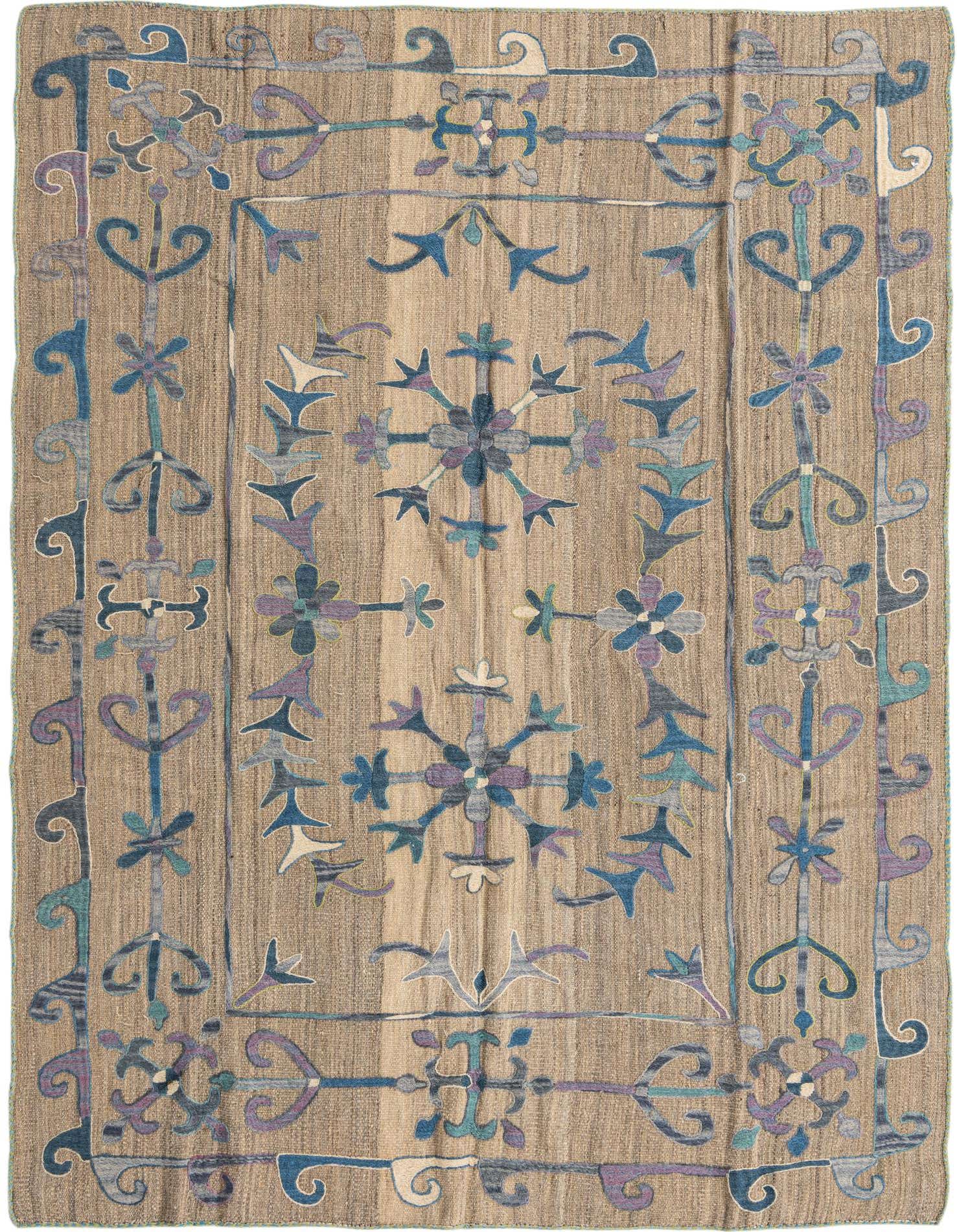 A 5x8 rectangular Kilim Modern wool rug with a flatweave, featuring tribal and abstract patterns in shades of gray, blue, and purple on a light gray background.