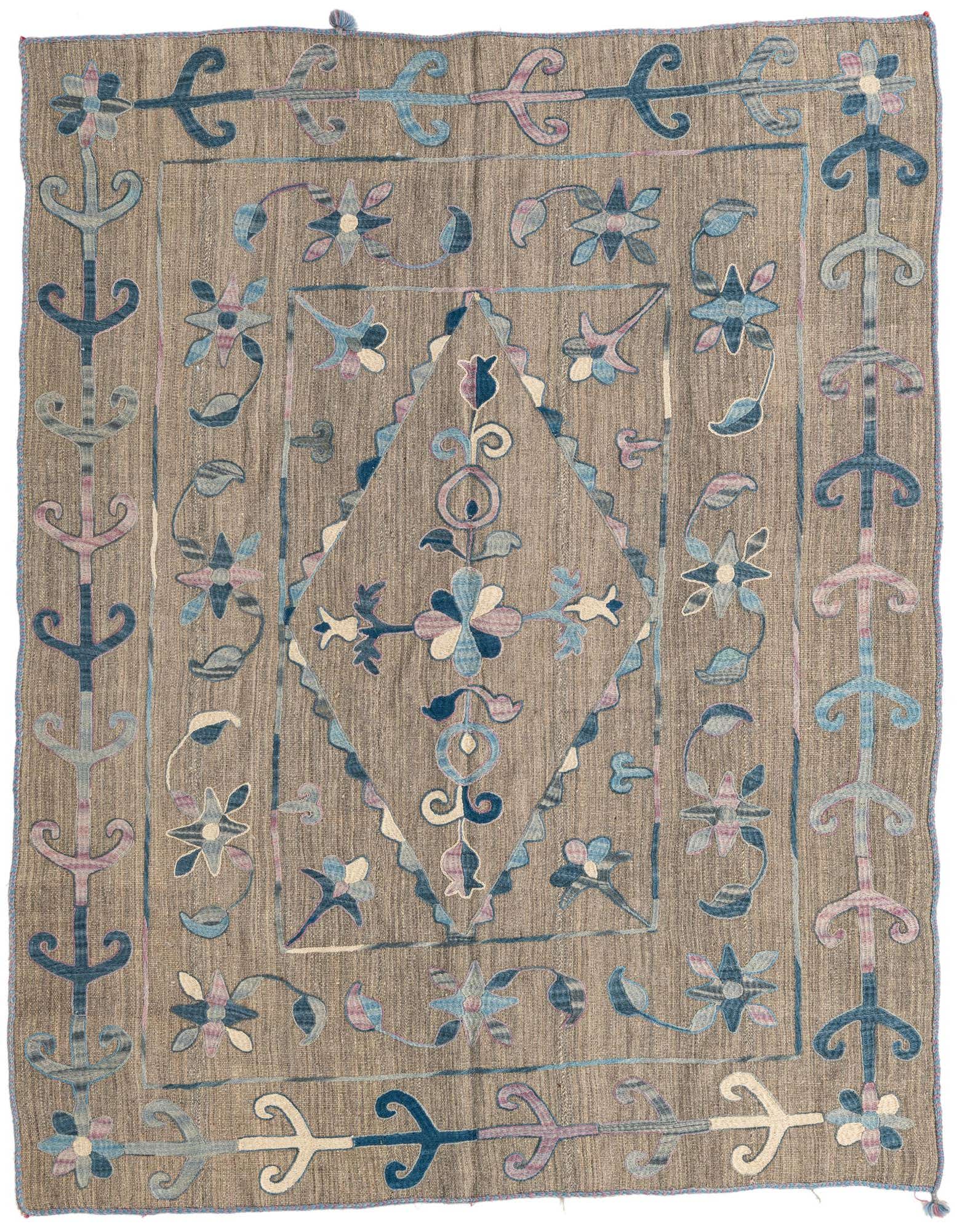 A 5x8 rectangular gray Kilim Suzani wool rug with a tribal floral pattern in blue, pink, and cream.