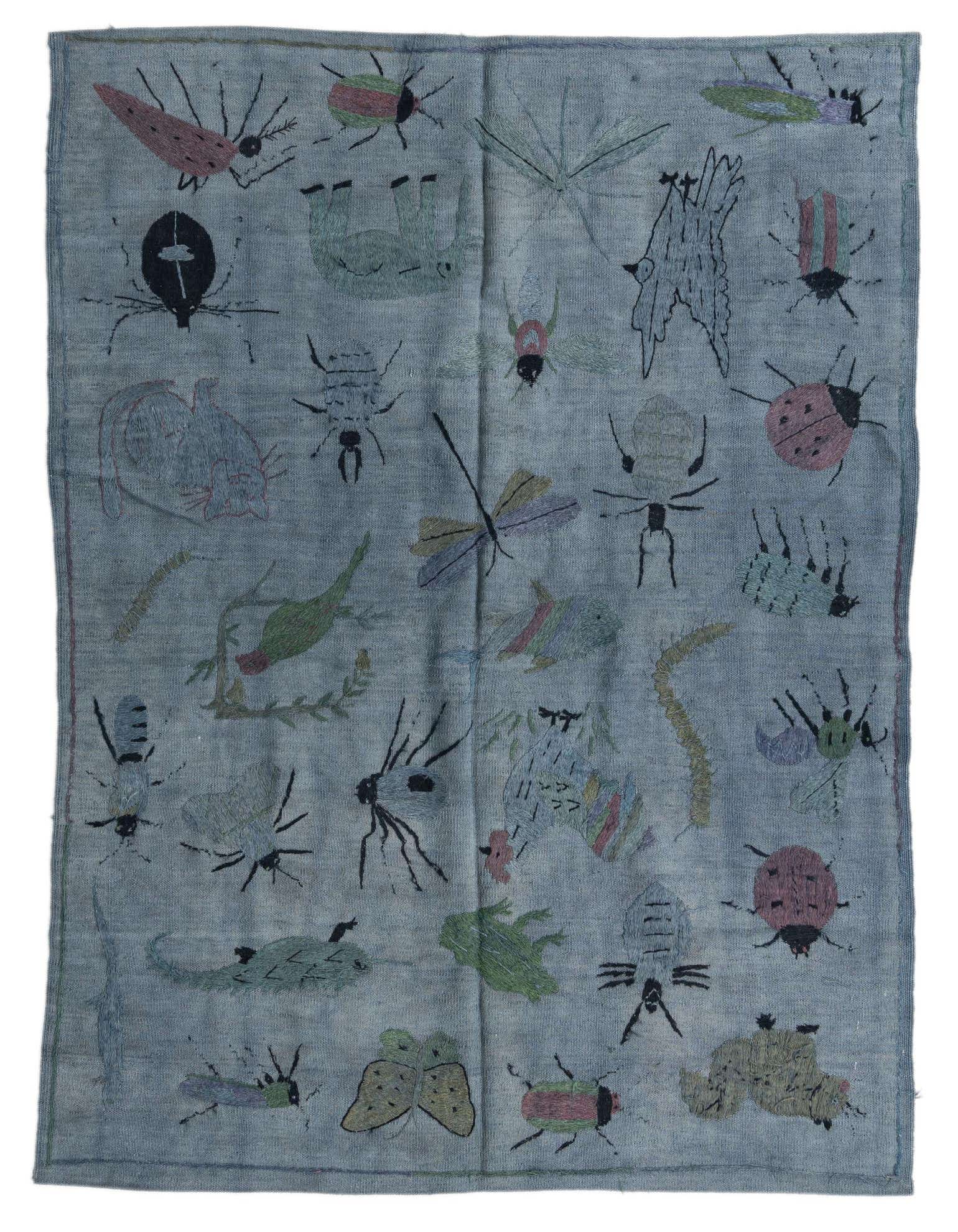 A 4x6 rectangular gray flatweave rug with a colorful, whimsical pattern of various insects and small animals.
