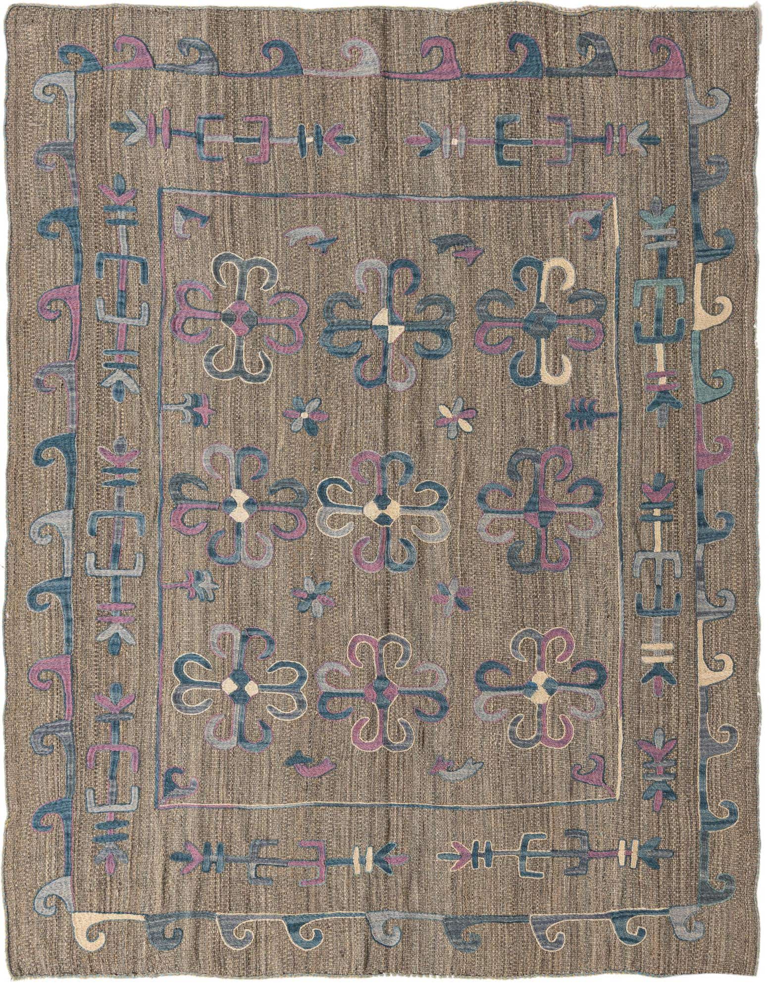 A 5x8 rectangular gray flatweave rug with a modern tribal pattern in blue, purple, and cream accents.