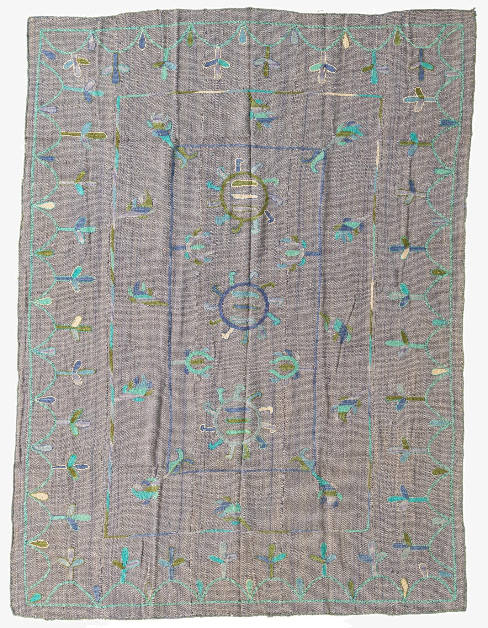  5' 8 x 7' 7  Hand Woven Kilim Suzani Wool Rug