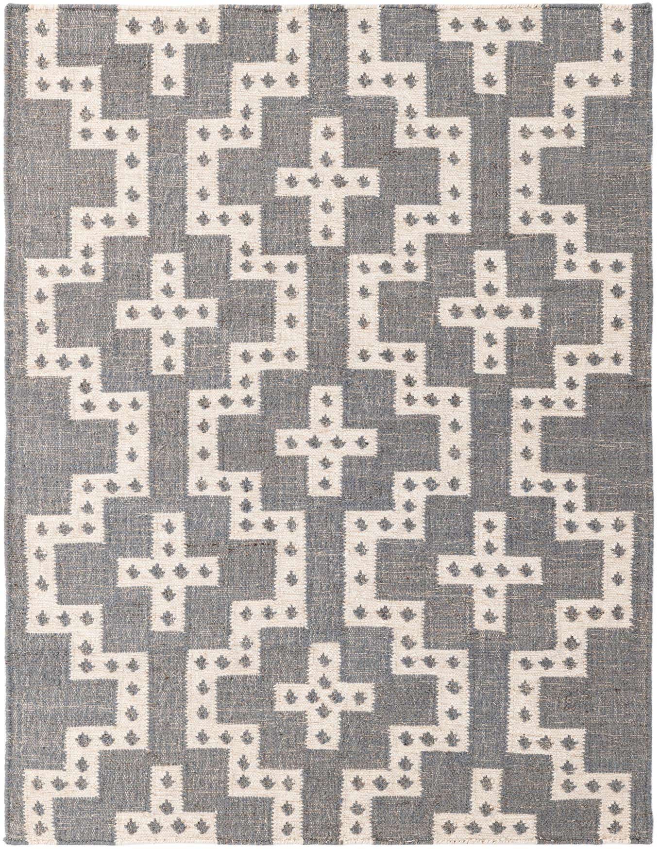 A 4x6 rectangular gray and off-white Kilim wool rug with a repeating tribal geometric pattern, suitable for a living room.