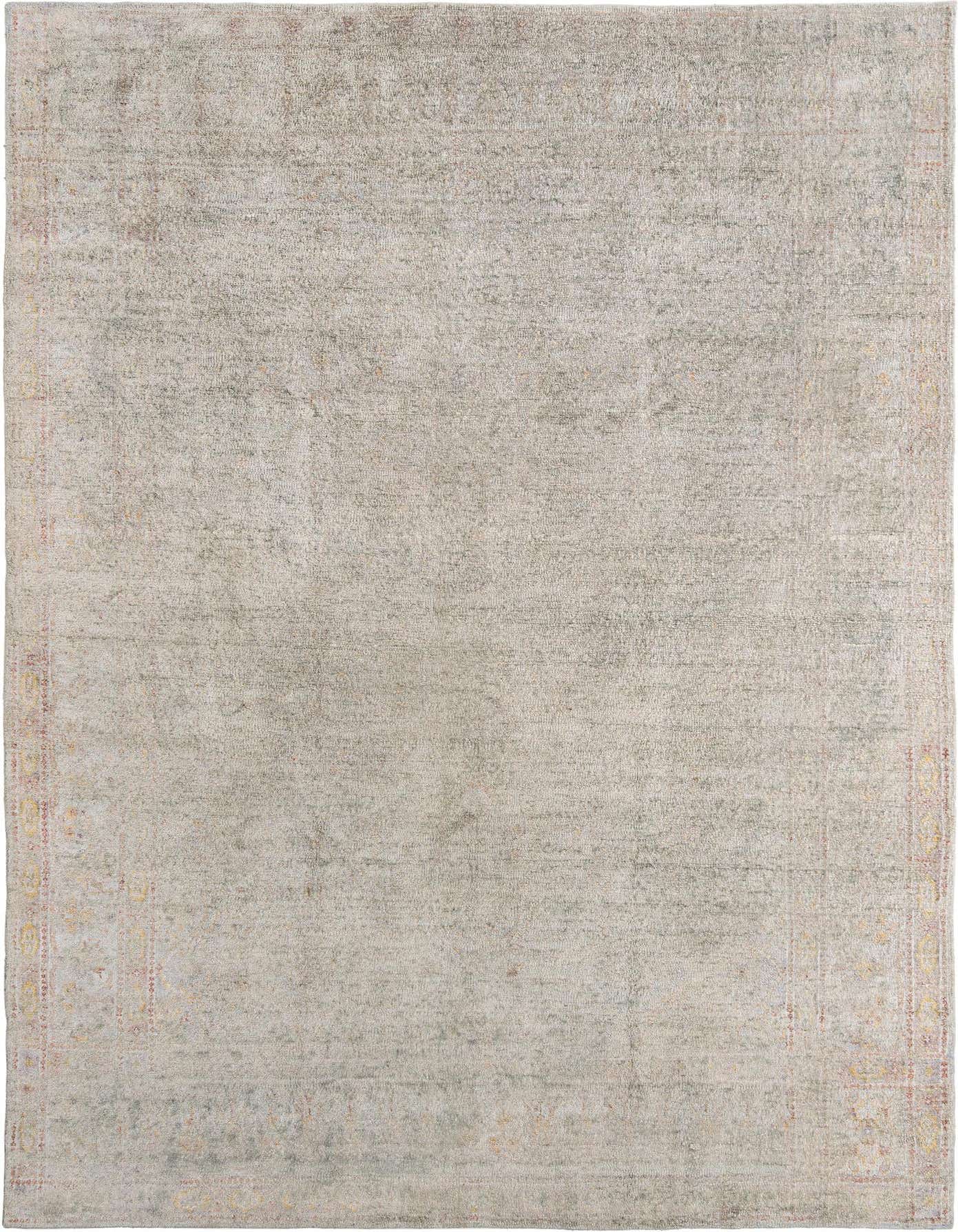 A rectangular handmade gray Persian silk rug with subtle traditional patterns and a medium pile, suitable for indoor use.