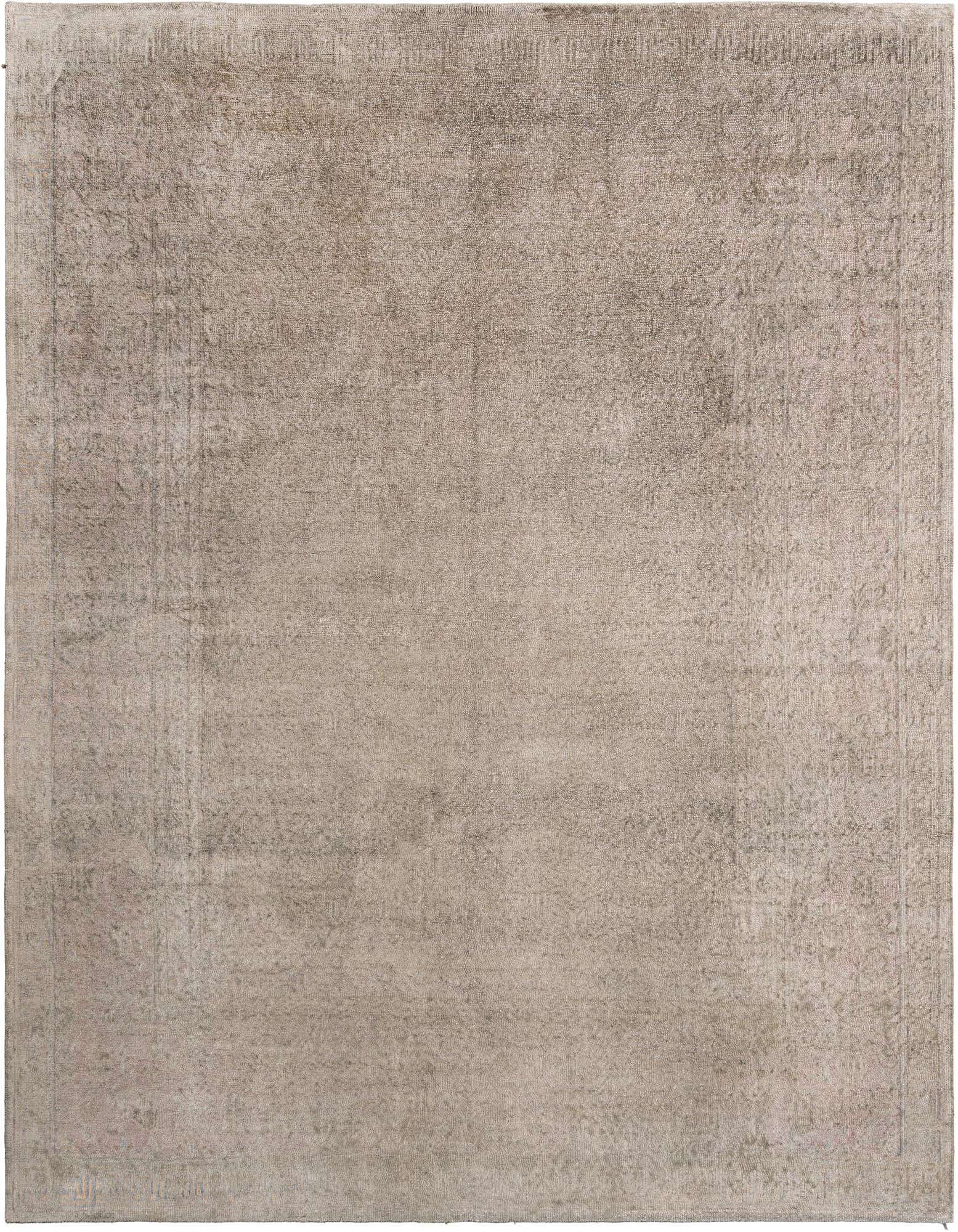A handmade rectangular gray Persian silk rug with a subtle, distressed traditional pattern, suitable for indoor spaces.