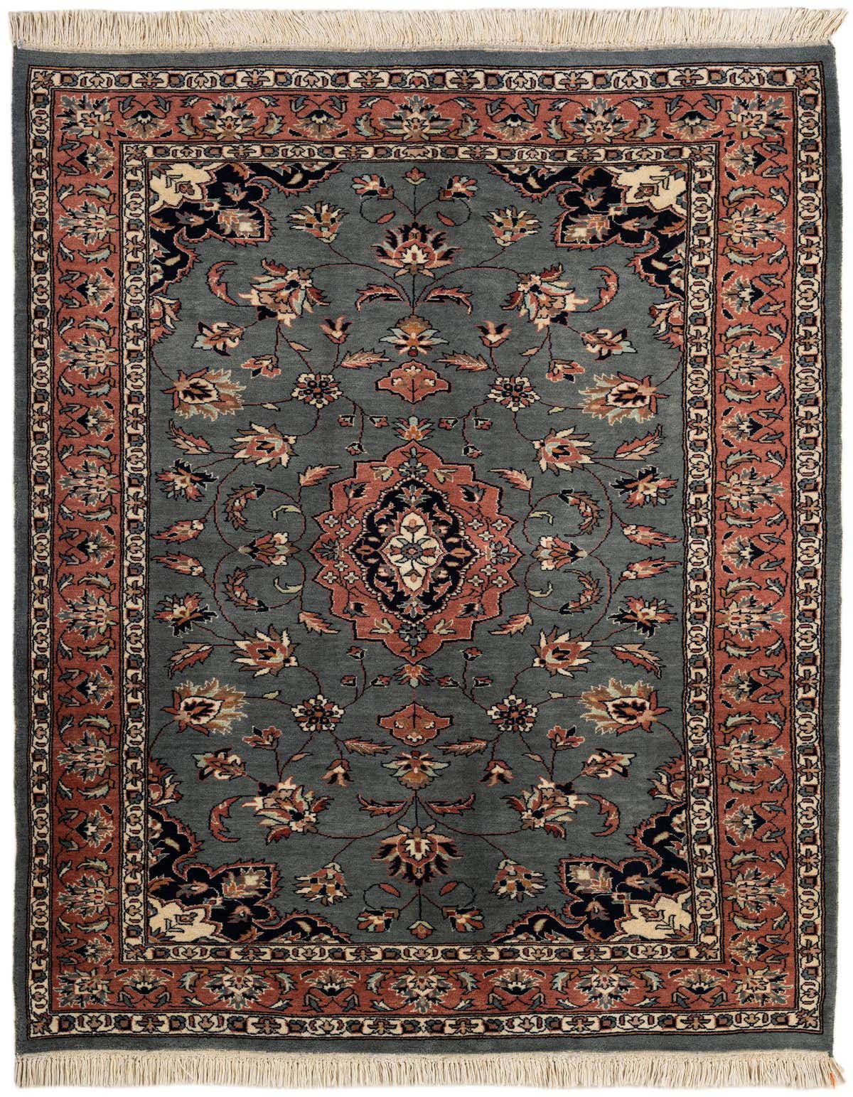 A 5x7 rectangular Lahour rug by Rugs.com with a traditional Oriental pattern in gray, silver, and terracotta, featuring a central medallion and floral motifs.