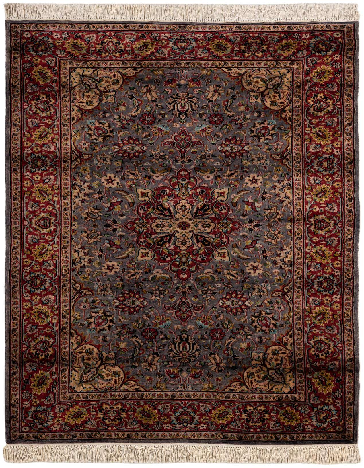 A 4x6 rectangular Lahour rug featuring a traditional Oriental medallion pattern in grays, silvers, and deep reds, with fringed ends.