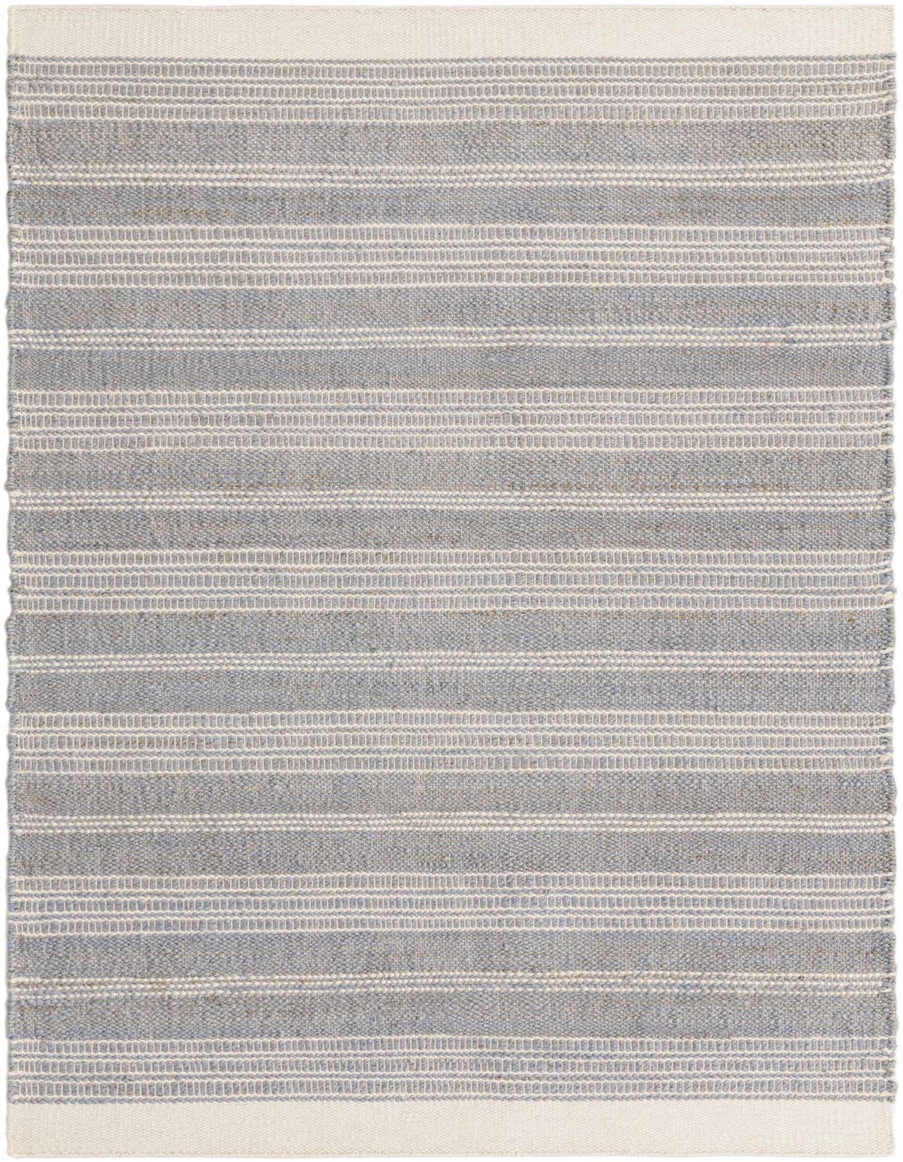 A 5x8 rectangular Lariat rug with alternating gray and off-white stripes, showcasing its textured flatweave.