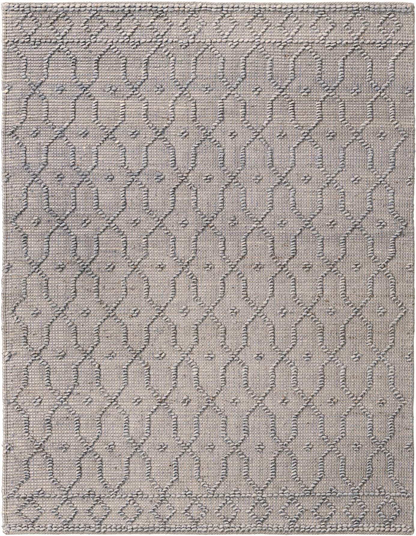 A 4x6 rectangular gray jute and cotton rug with a modern trellis pattern and textured pile.