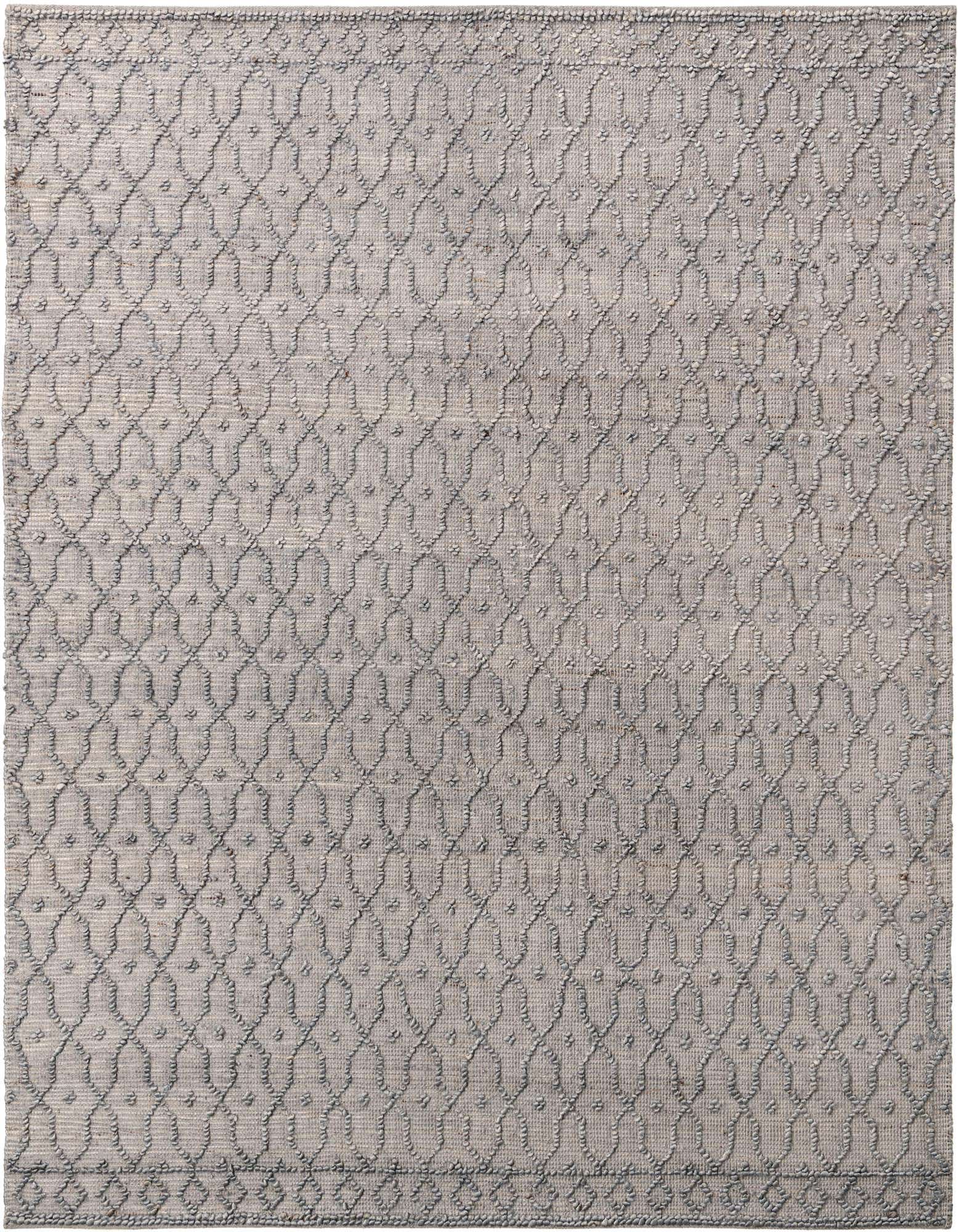 A rectangular 8x10 gray jute and cotton rug with a modern trellis pattern and textured pile.