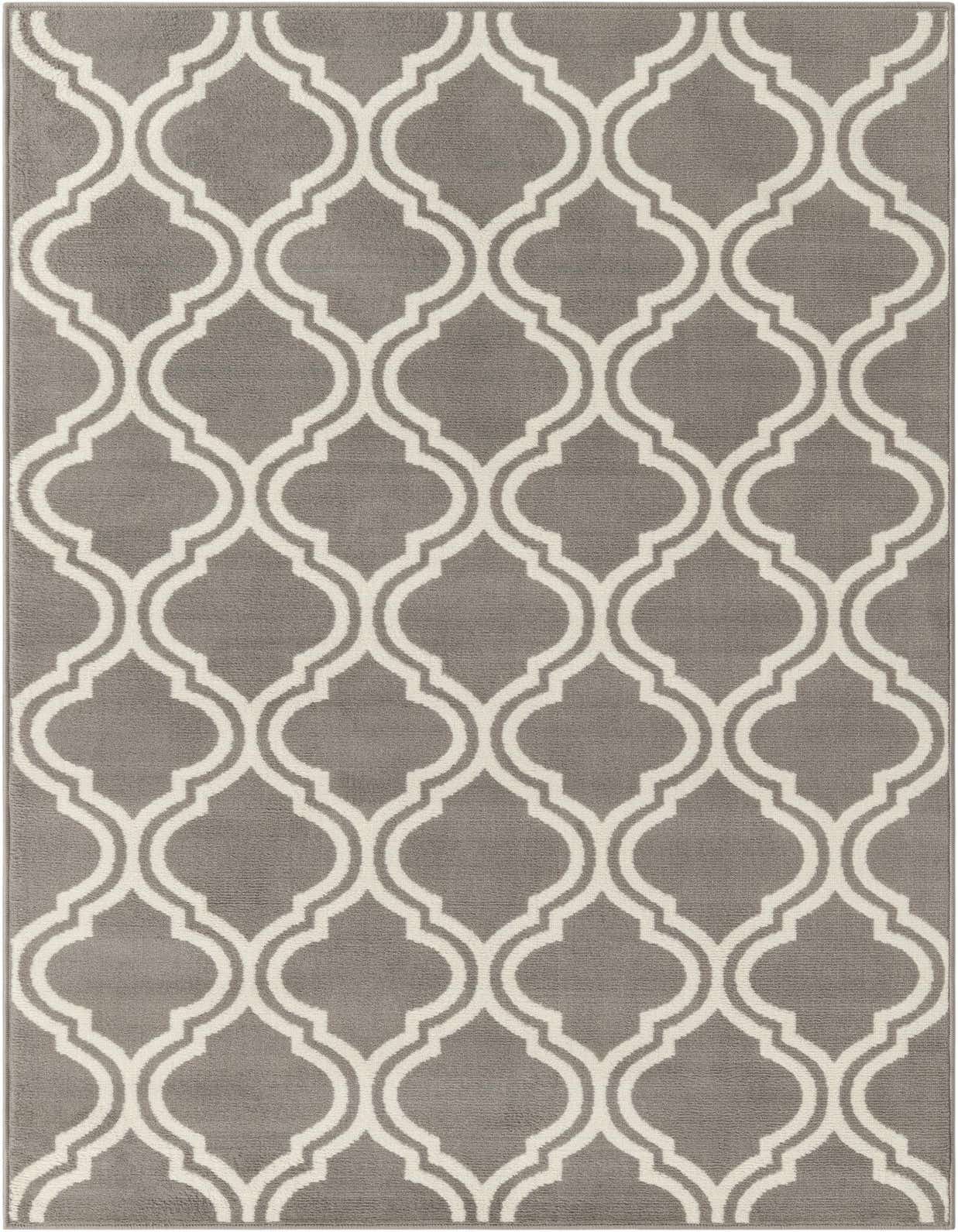 A 5x8 rectangular gray area rug with a repeating white modern lattice pattern, suitable for various indoor rooms.
