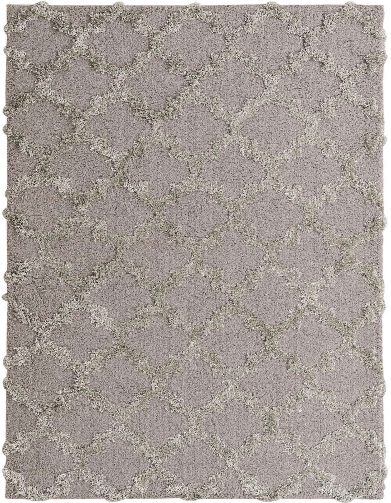 A 5x8 rectangular gray modern area rug with a textured high-low abstract lattice pattern, ideal for a living room.